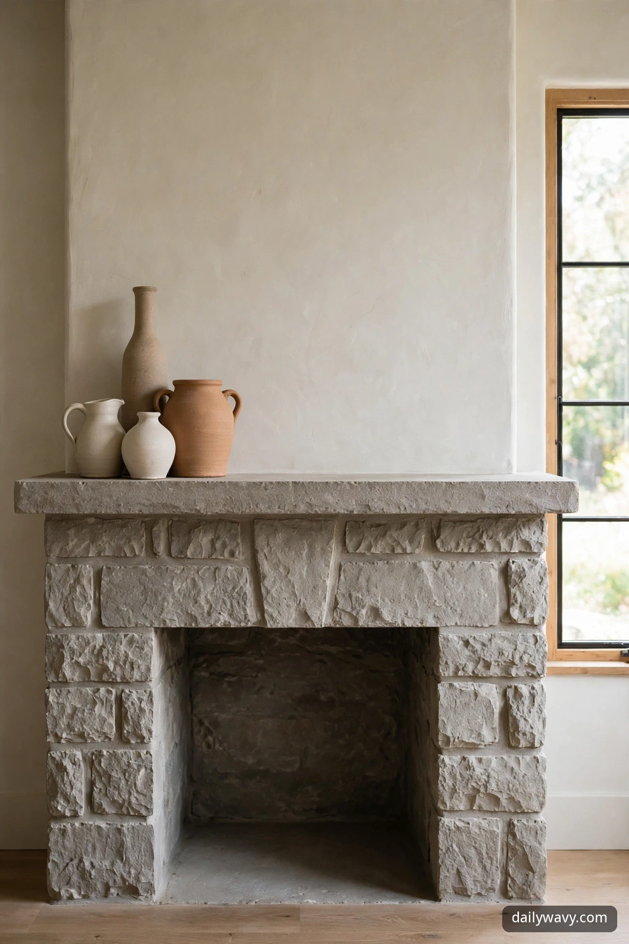 Four stoneware vessels in cream, beige, and terracotta clustered at one end of a stone mantel, with the rest of the shelf empty