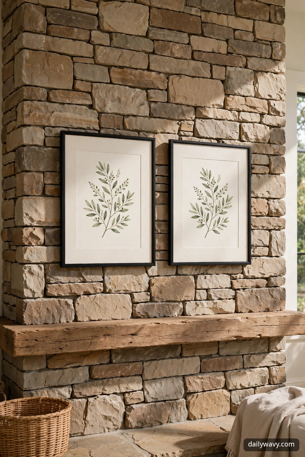 Two matching black-framed botanical prints with green leafy sprigs hung side by side on a stone chimney breast above a wooden beam mantel