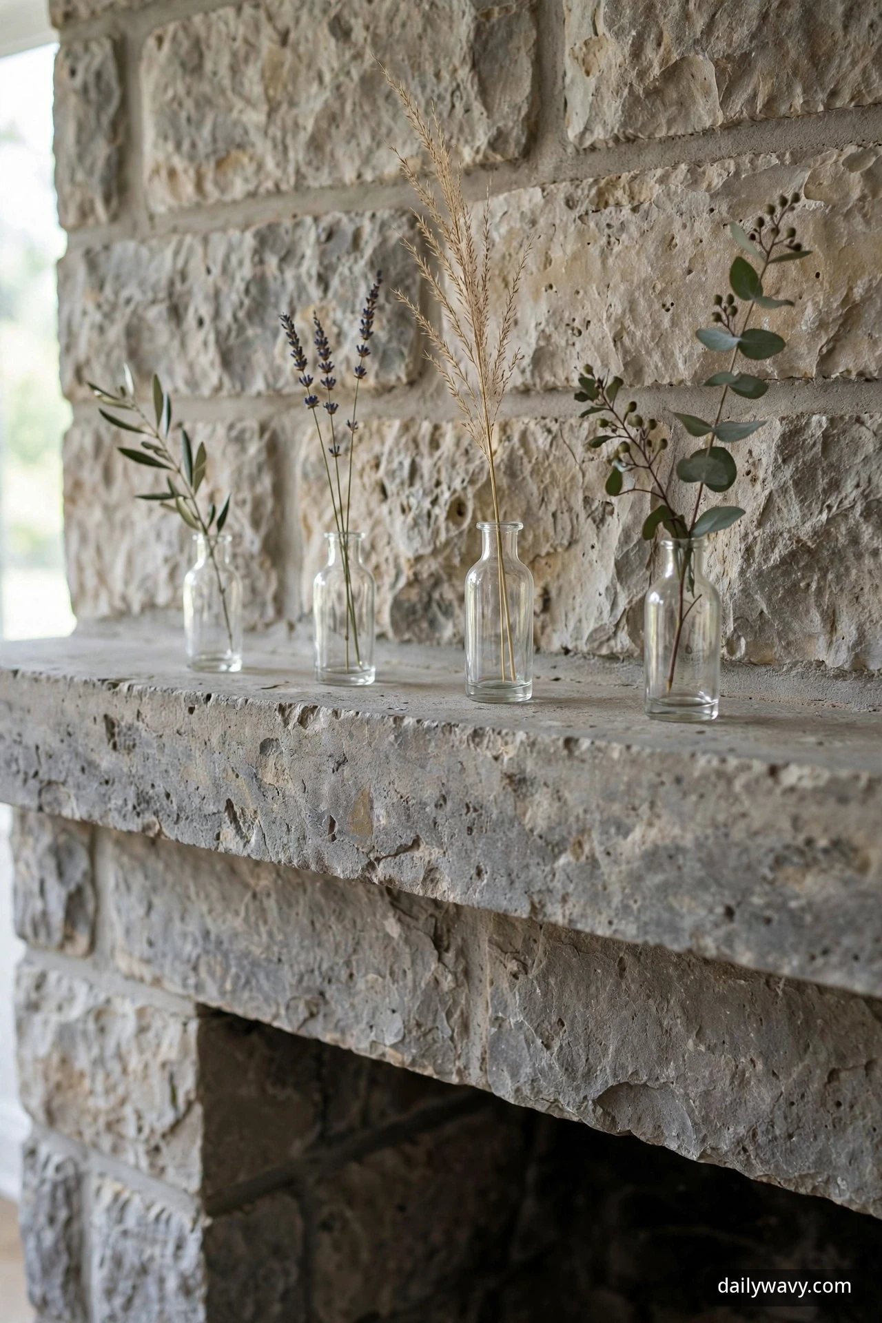 Row of four clear glass bud vases on a stone mantel, each holding a single stem of olive, lavender, dried grass, or eucalyptus