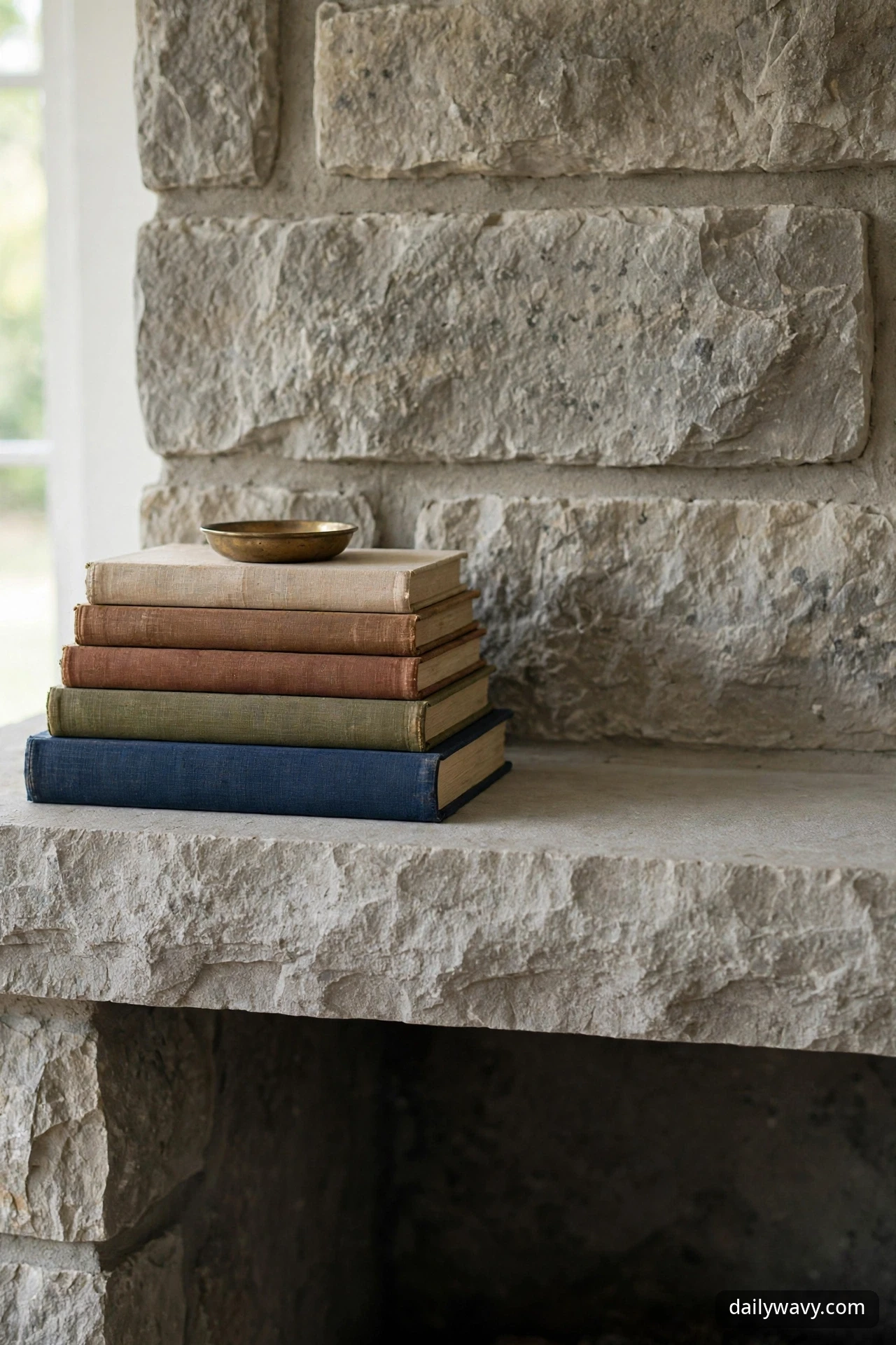 Stack of five hardcover books in navy, olive, rust, and tan with a small brass dish on top, sitting off-center on a stone mantel