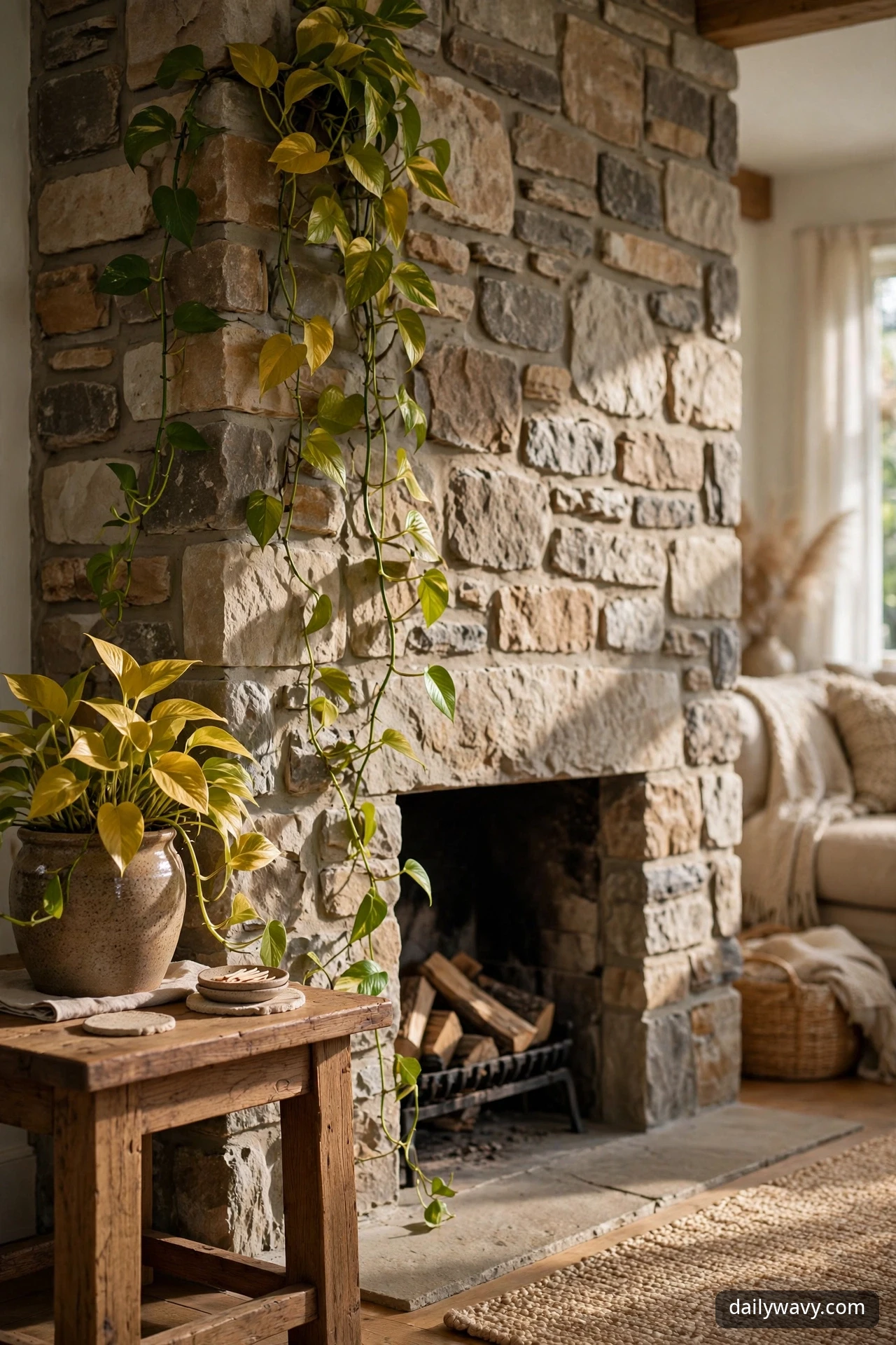 Golden pothos trailing down a stone chimney breast beside a fireplace, potted on a wooden side table next to the hearth
