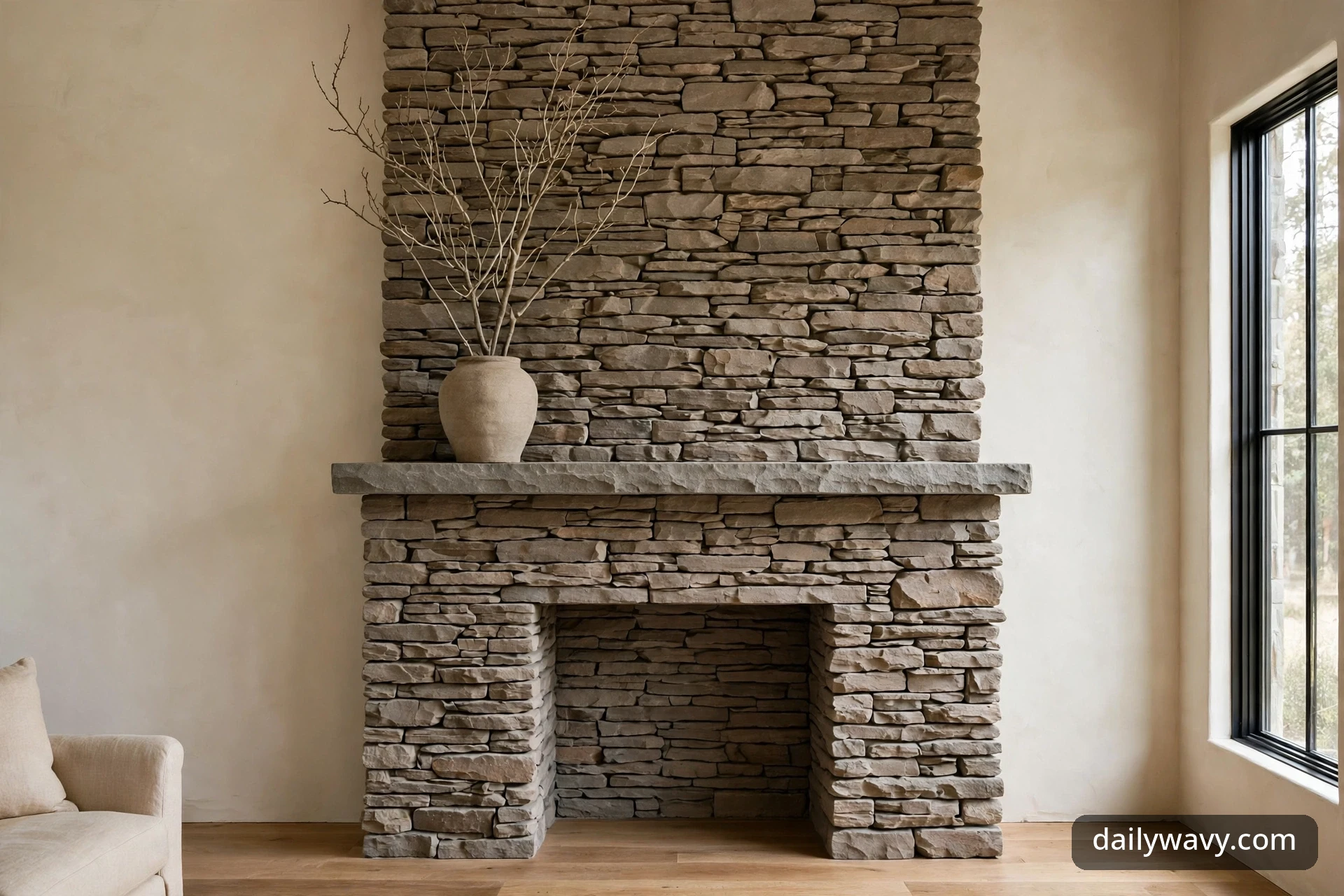 Wide view of a stacked-stone fireplace with a single tall ceramic vessel holding bare branches on the mantel shelf, firebox below, in a warm neutral living room