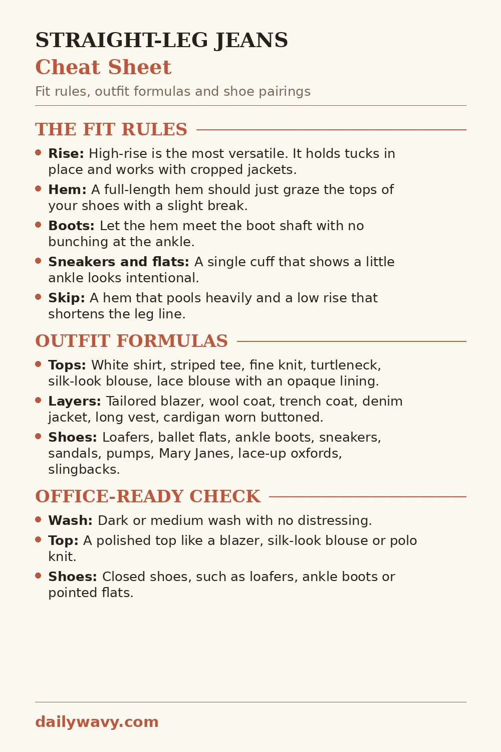 Straight‑leg jeans cheat sheet infographic with fit rules, outfit formulas and shoe pairings