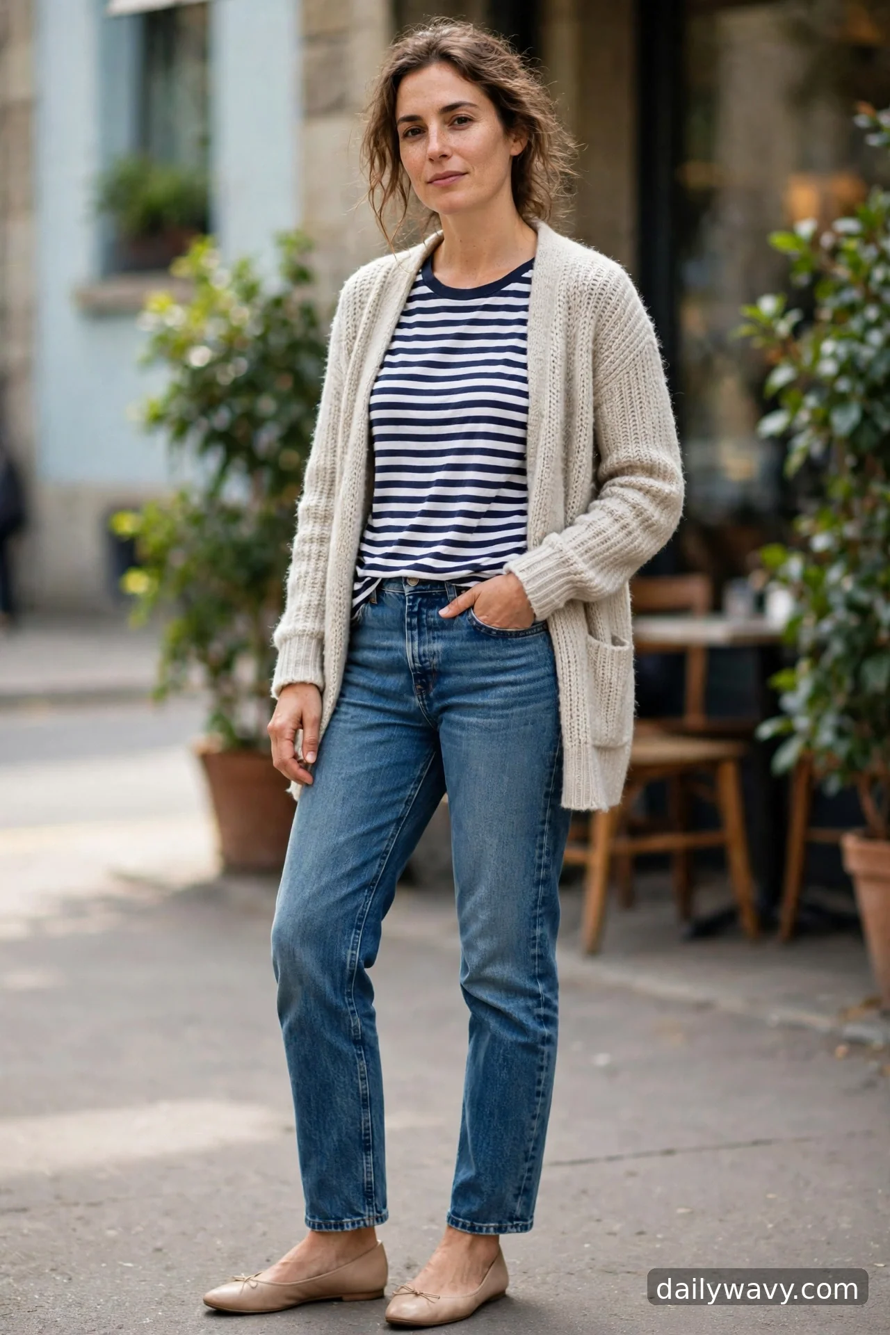 Adult wearing striped tee, light cardigan and ballet flats for straight‑leg jeans outfits