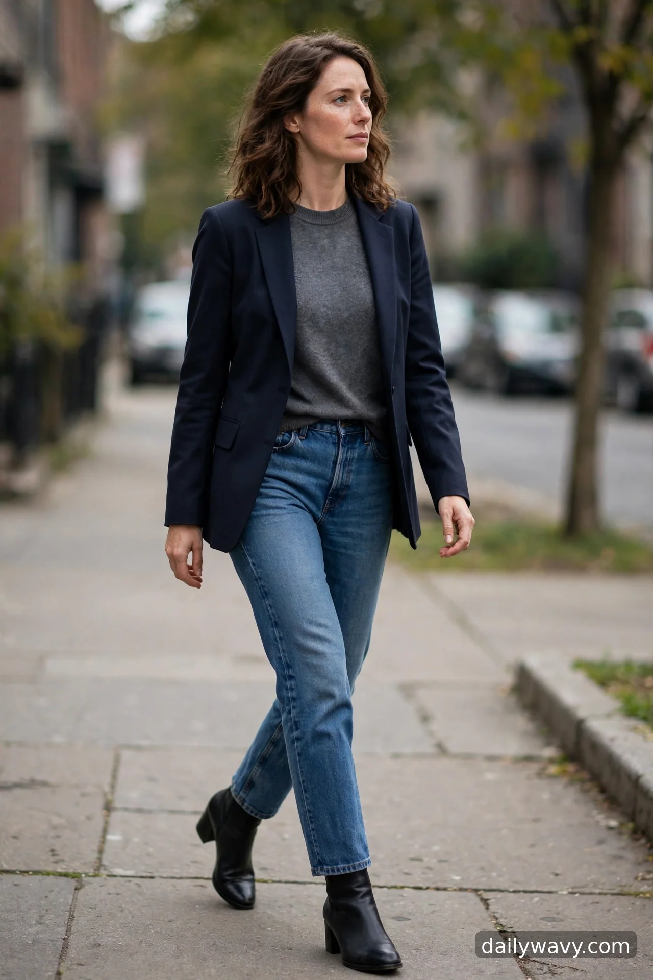 Adult wearing fine knit, tailored blazer and ankle boots for straight‑leg jeans outfits