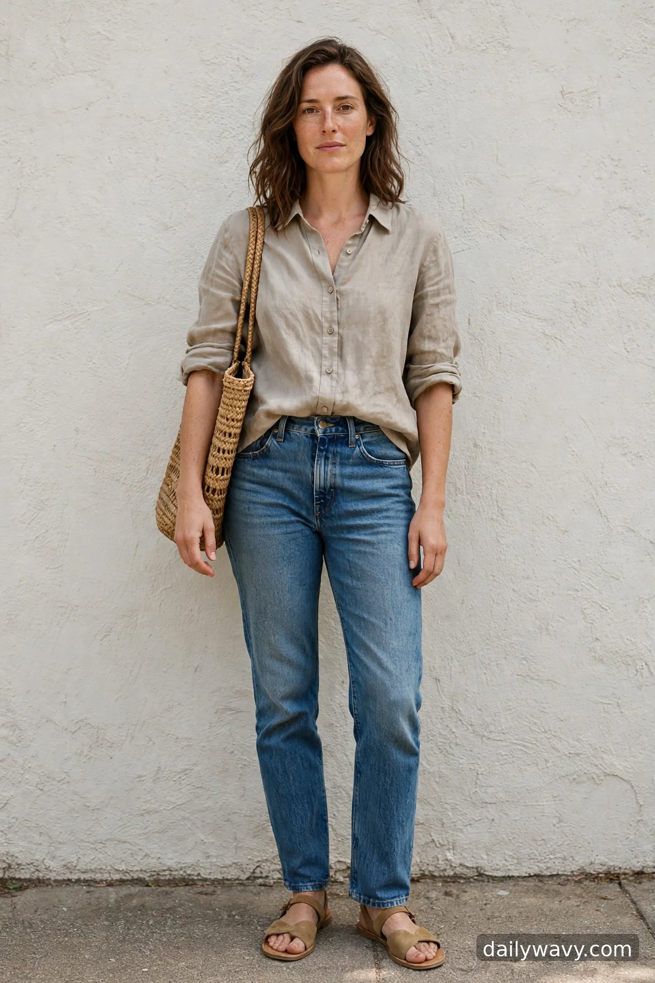 Adult wearing linen shirt, woven bag and flat sandals for straight‑leg jeans outfits