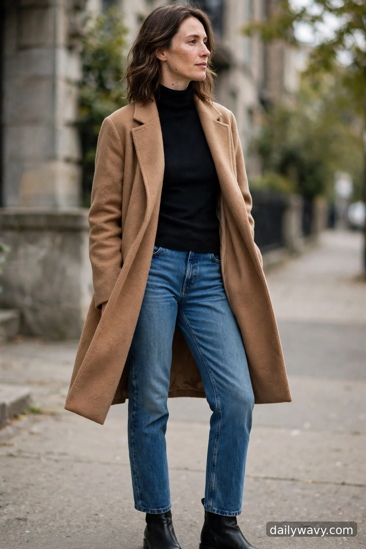 Adult wearing turtleneck, wool coat and low boots for straight‑leg jeans outfits