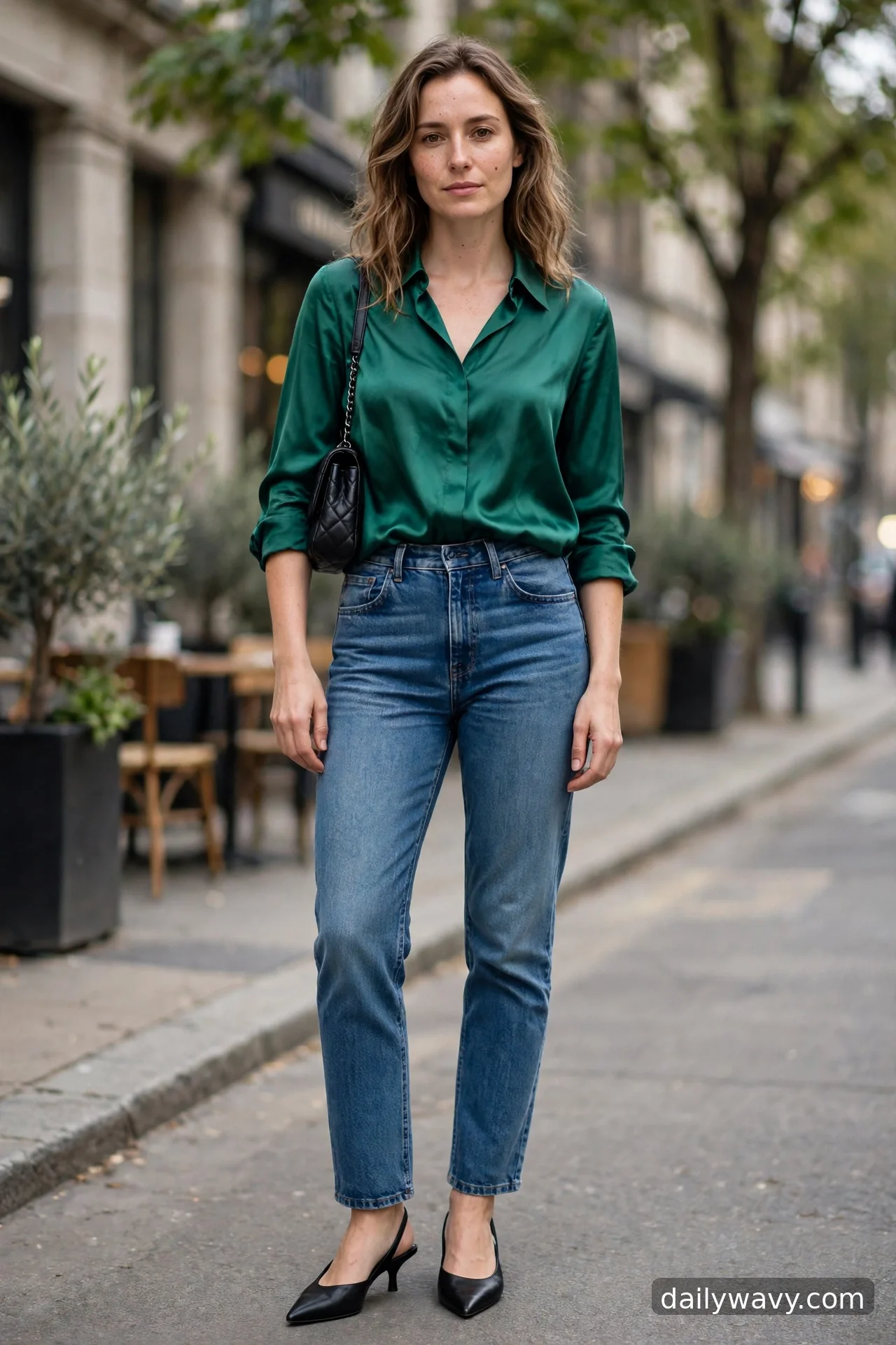 Adult wearing silk‑look blouse, small shoulder bag and slingbacks for straight‑leg jeans outfits