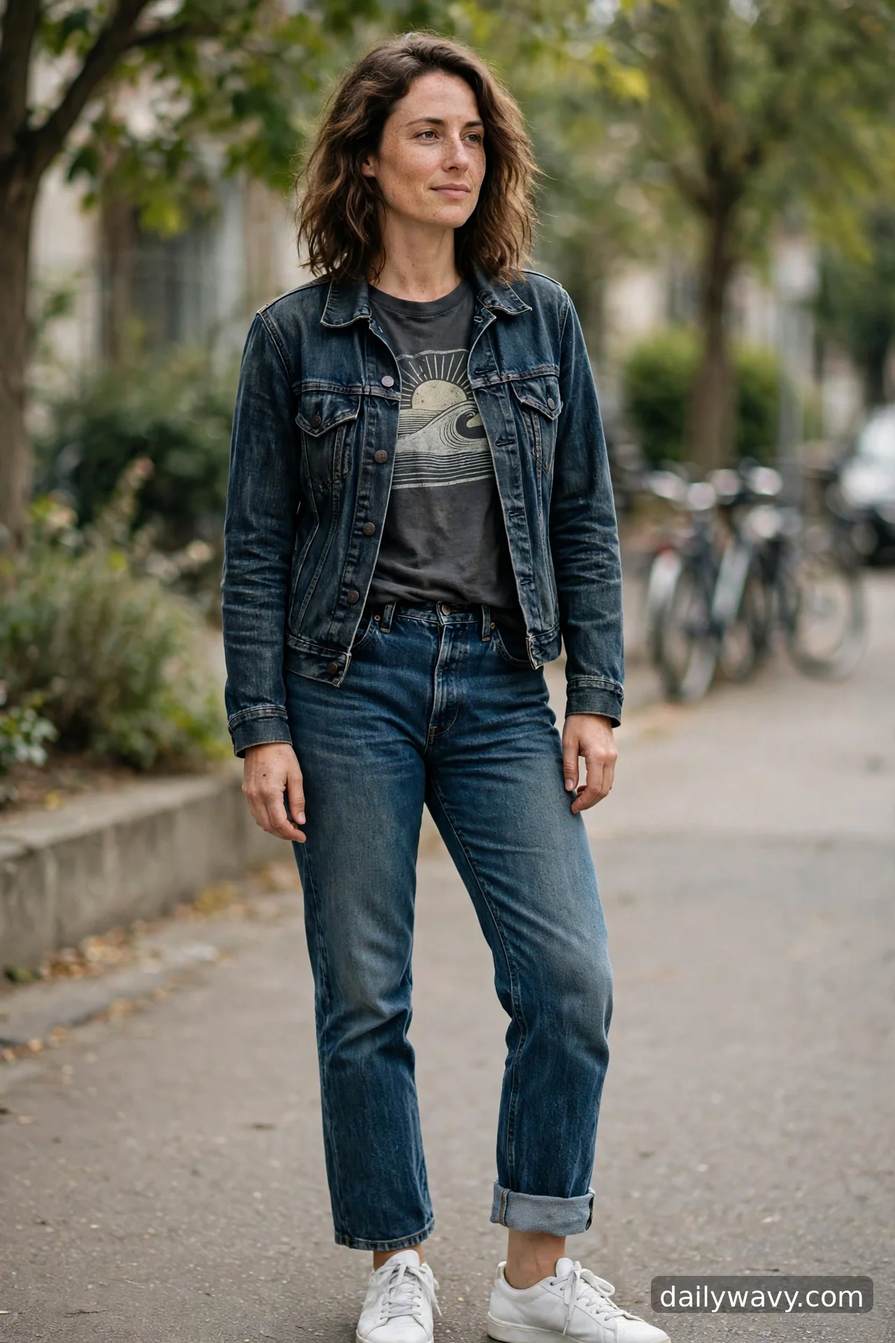 Adult wearing graphic tee, denim jacket and sneakers for straight‑leg jeans outfits