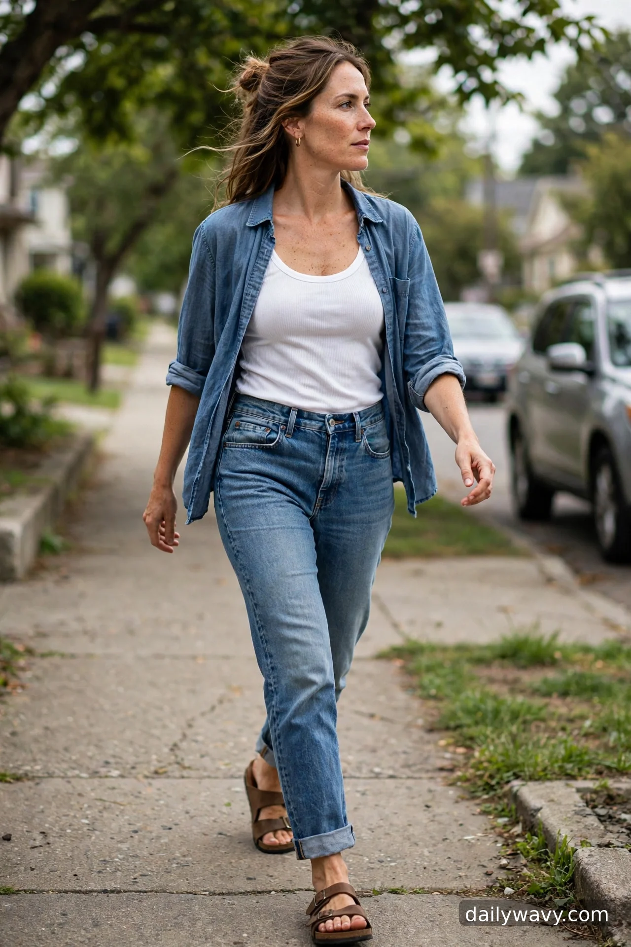 Adult wearing ribbed tank, open shirt and sandals for straight‑leg jeans outfits