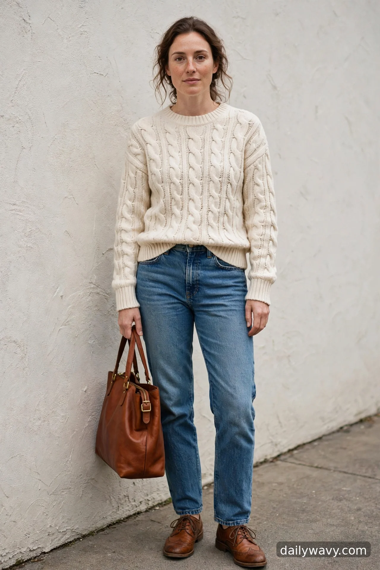 Adult wearing cable sweater, tote and lace‑up shoes for straight‑leg jeans outfits