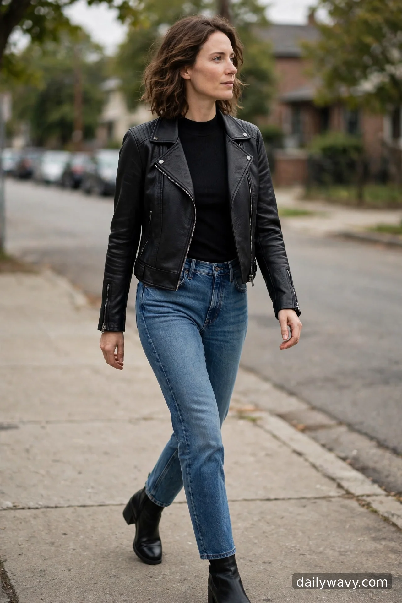 Adult wearing mock‑neck top, cropped jacket and boots for straight‑leg jeans outfits