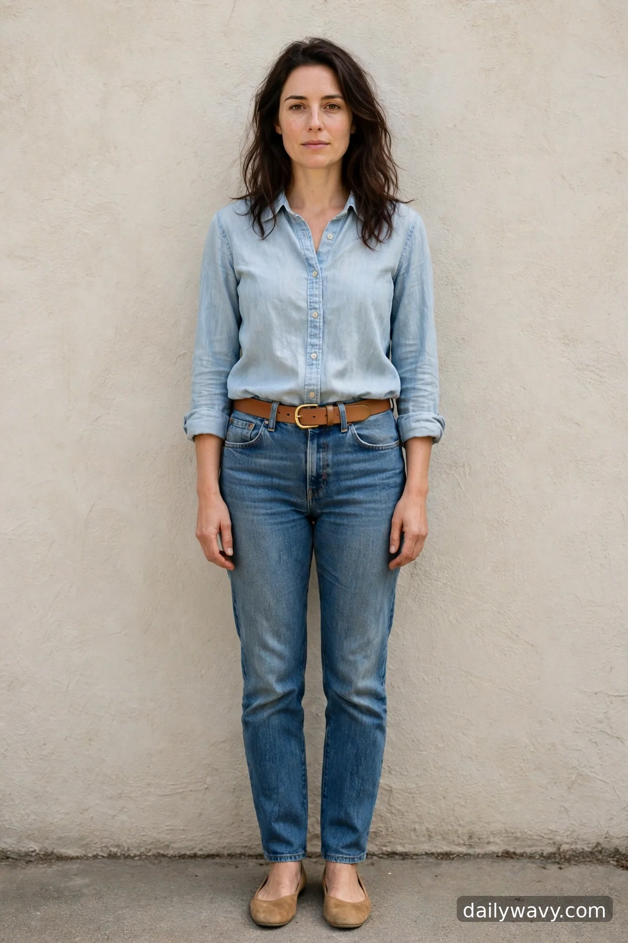 Adult wearing chambray shirt, tan belt and flat shoes for straight‑leg jeans outfits