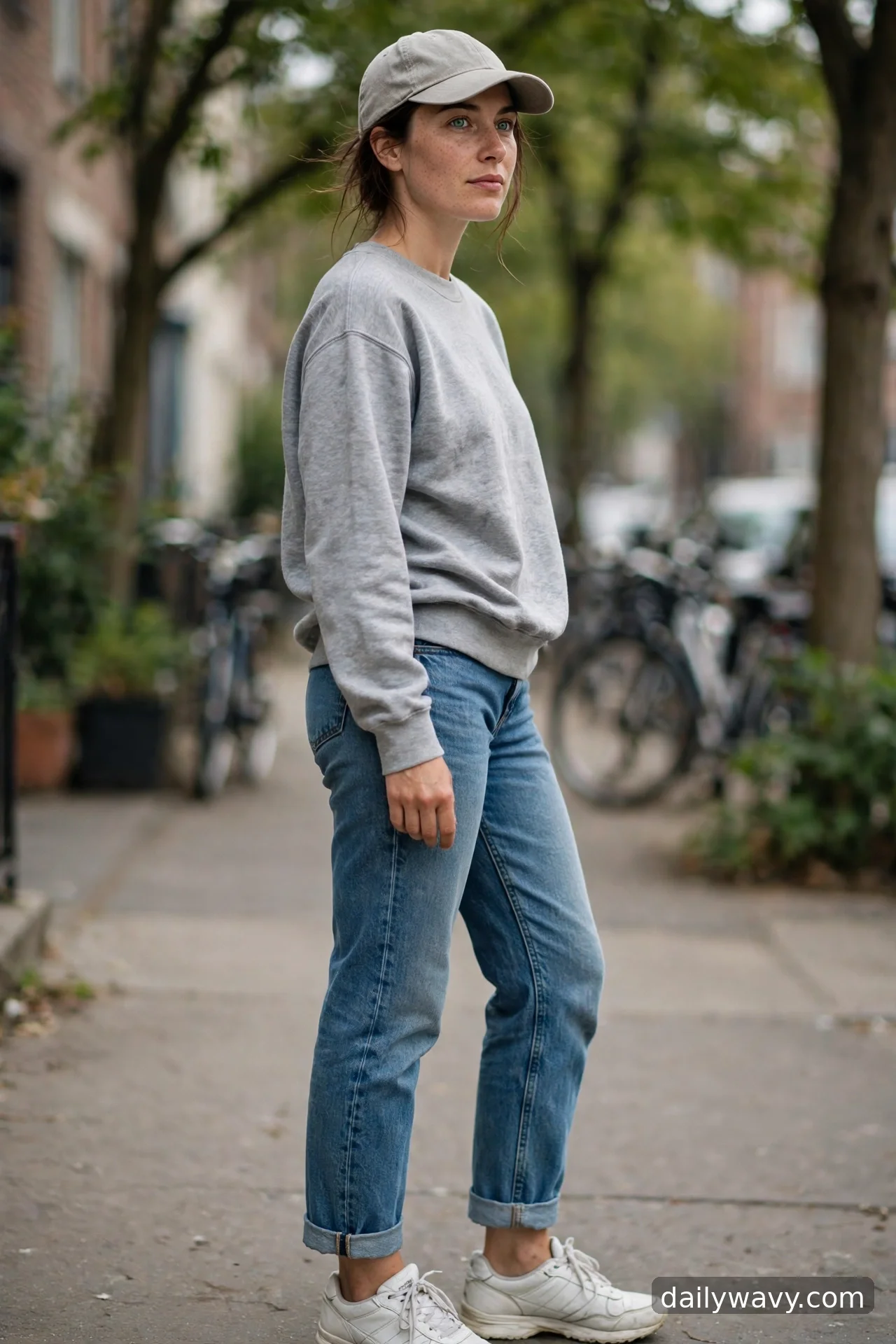 Adult wearing relaxed sweatshirt, cap and trainers for straight‑leg jeans outfits