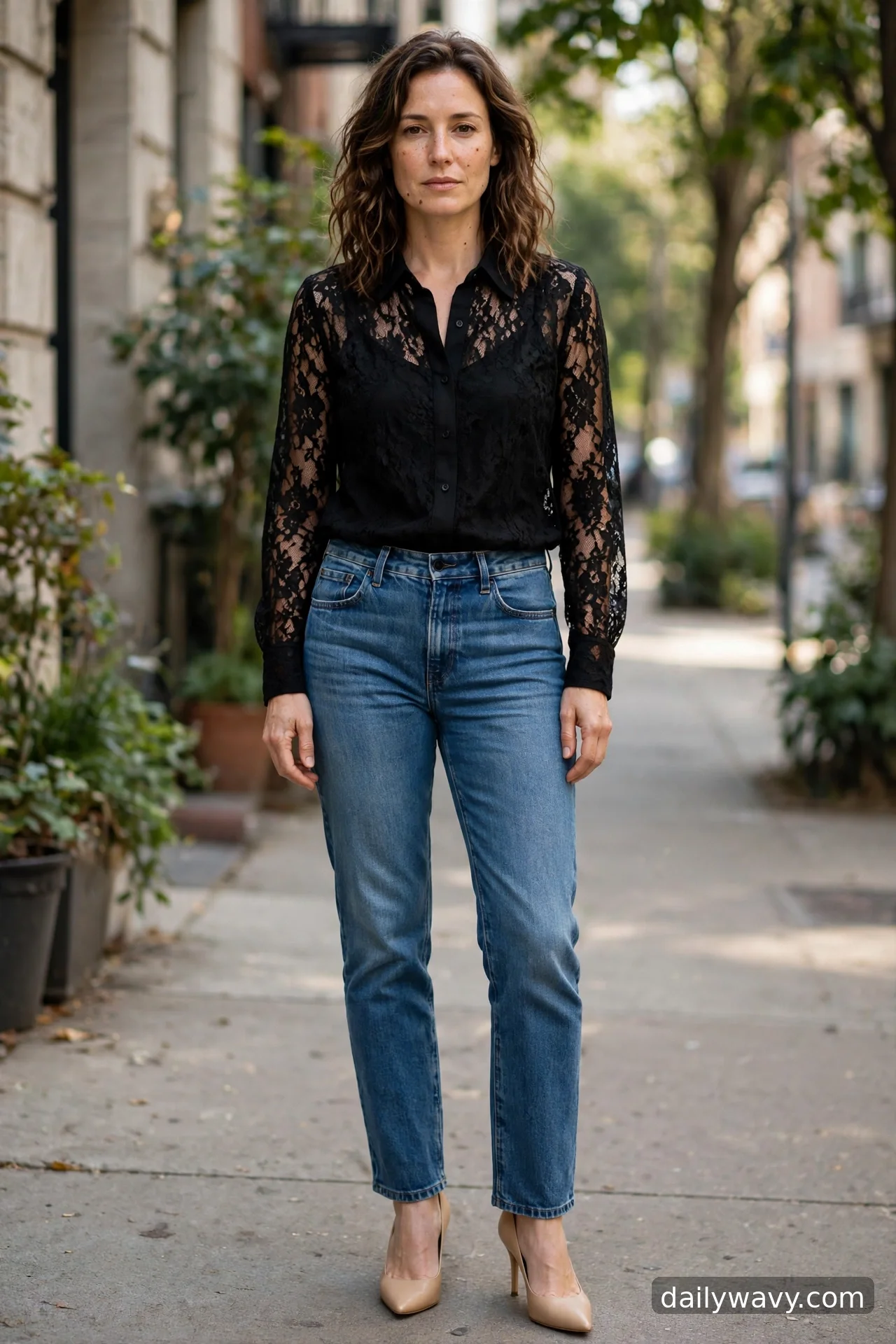 Adult wearing lace blouse with an opaque lining and pumps for straight‑leg jeans outfits