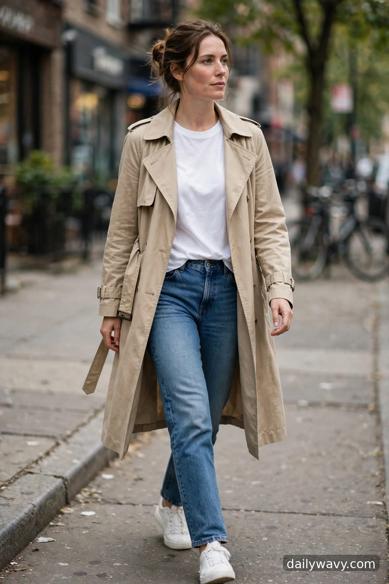Adult wearing soft tee, trench coat and sneakers for straight‑leg jeans outfits