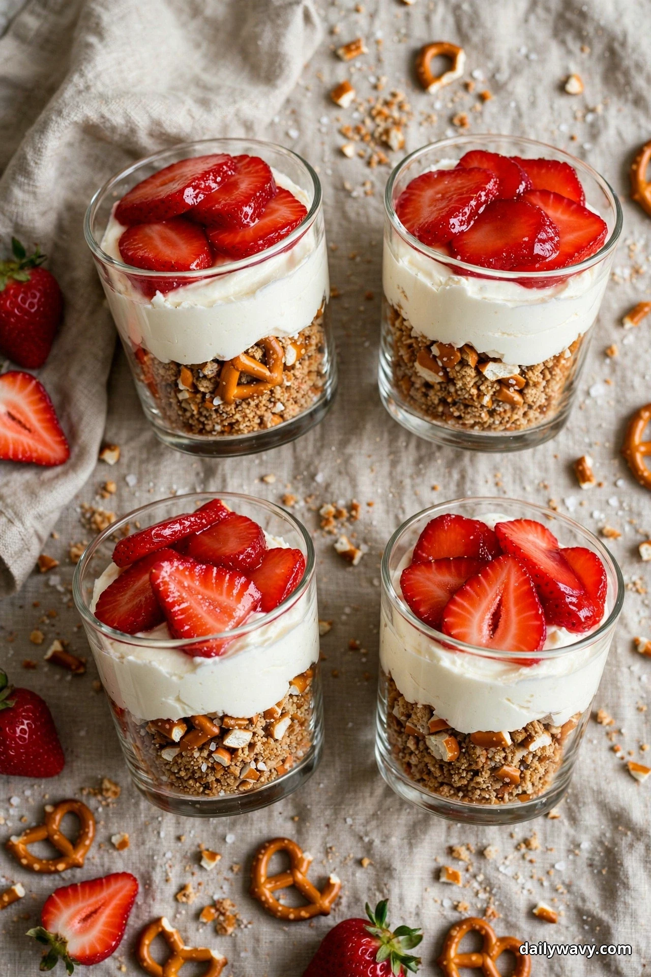 Four glasses of strawberry pretzel dessert with a pretzel crumb base and a cream cheese layer are topped with glossy sliced strawberries