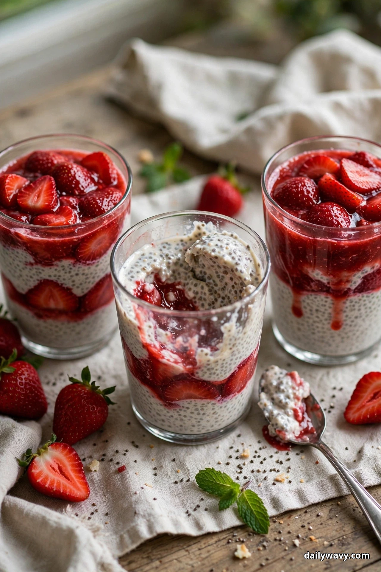 Three glasses of chia pudding layered with macerated strawberries stand on a linen cloth with fresh strawberries around them
