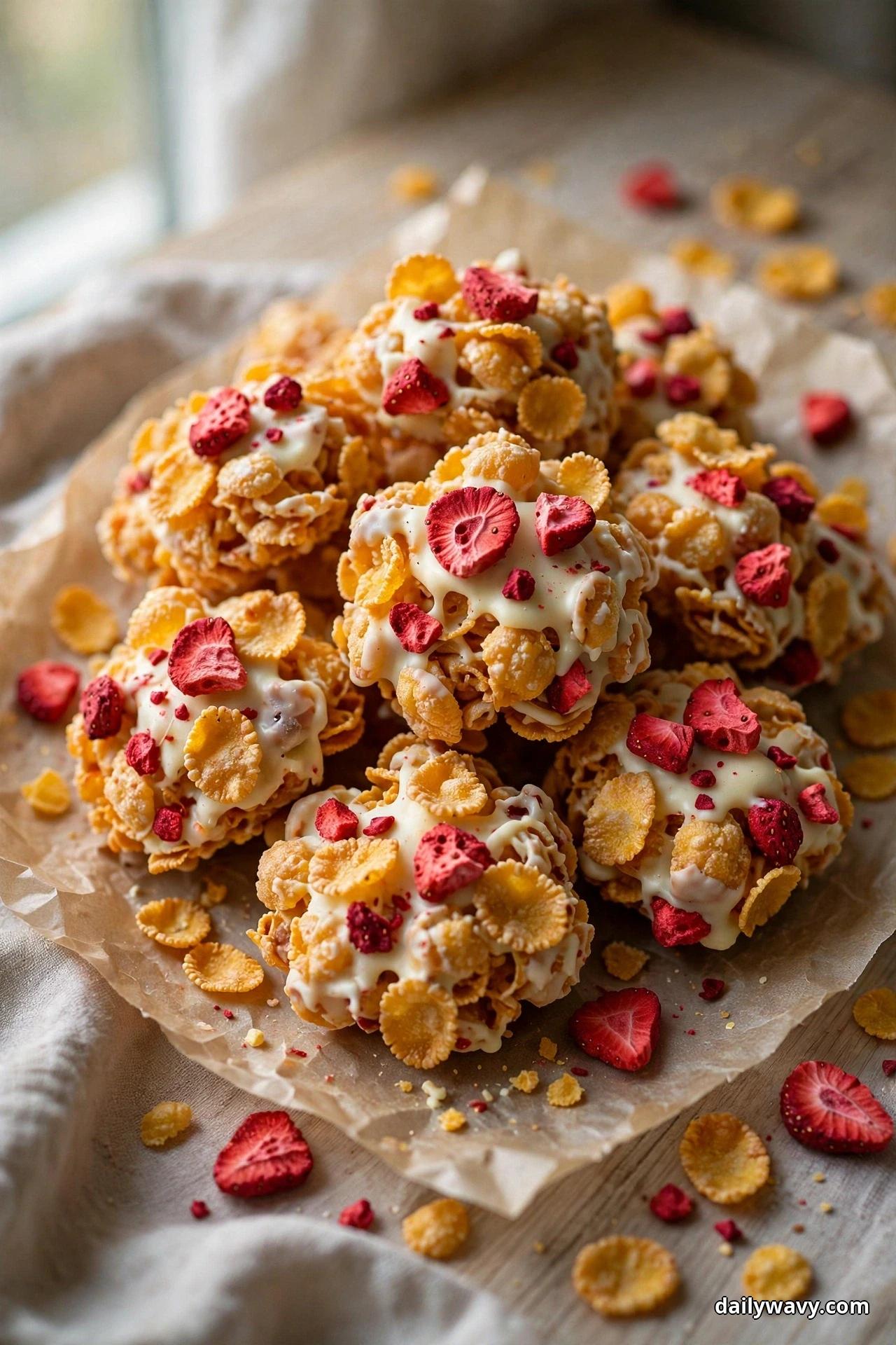 A pile of cornflake clusters coated in white chocolate and studded with freeze-dried strawberry pieces rests on parchment