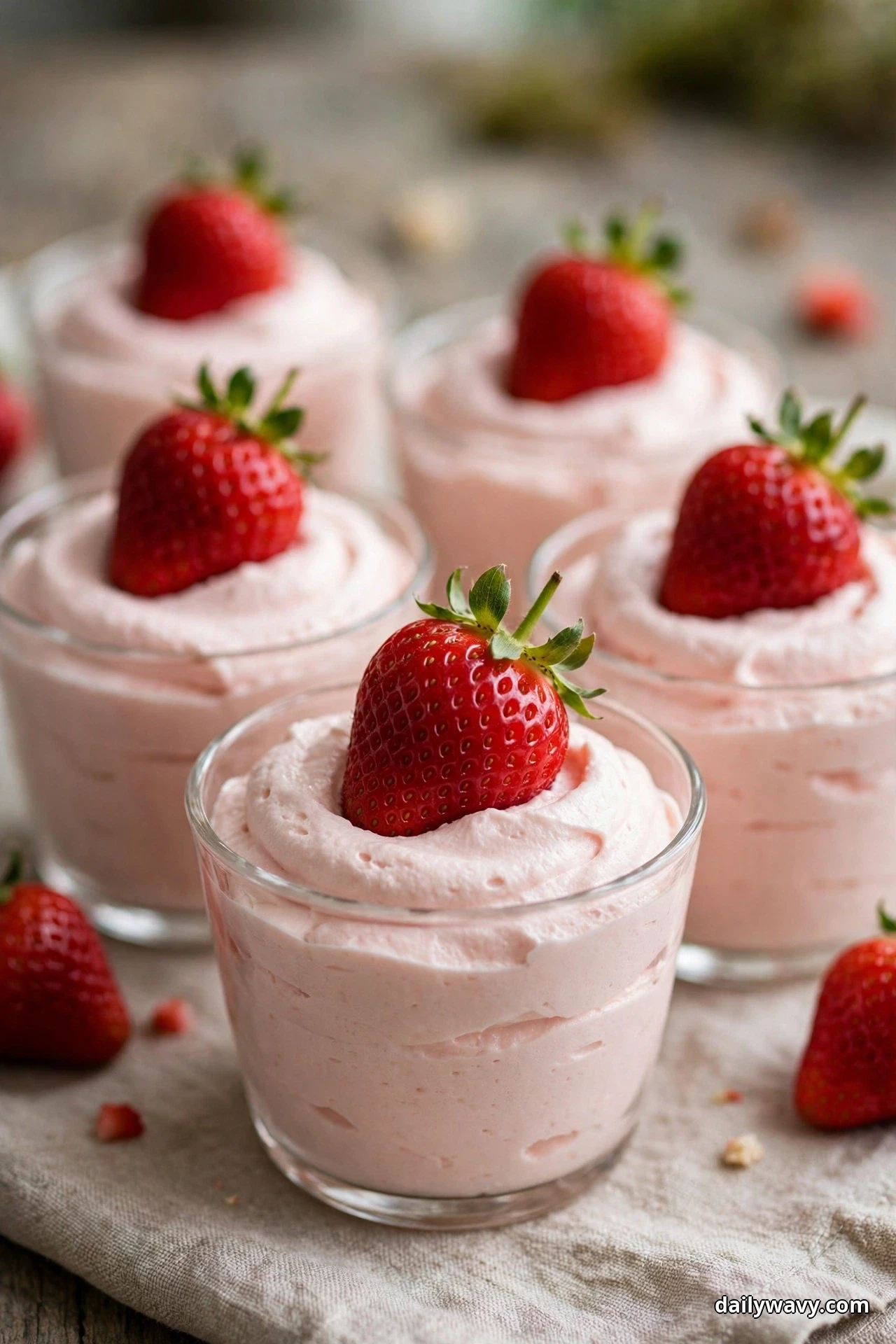 Small cups of pink strawberry mousse are each topped with a whole fresh strawberry