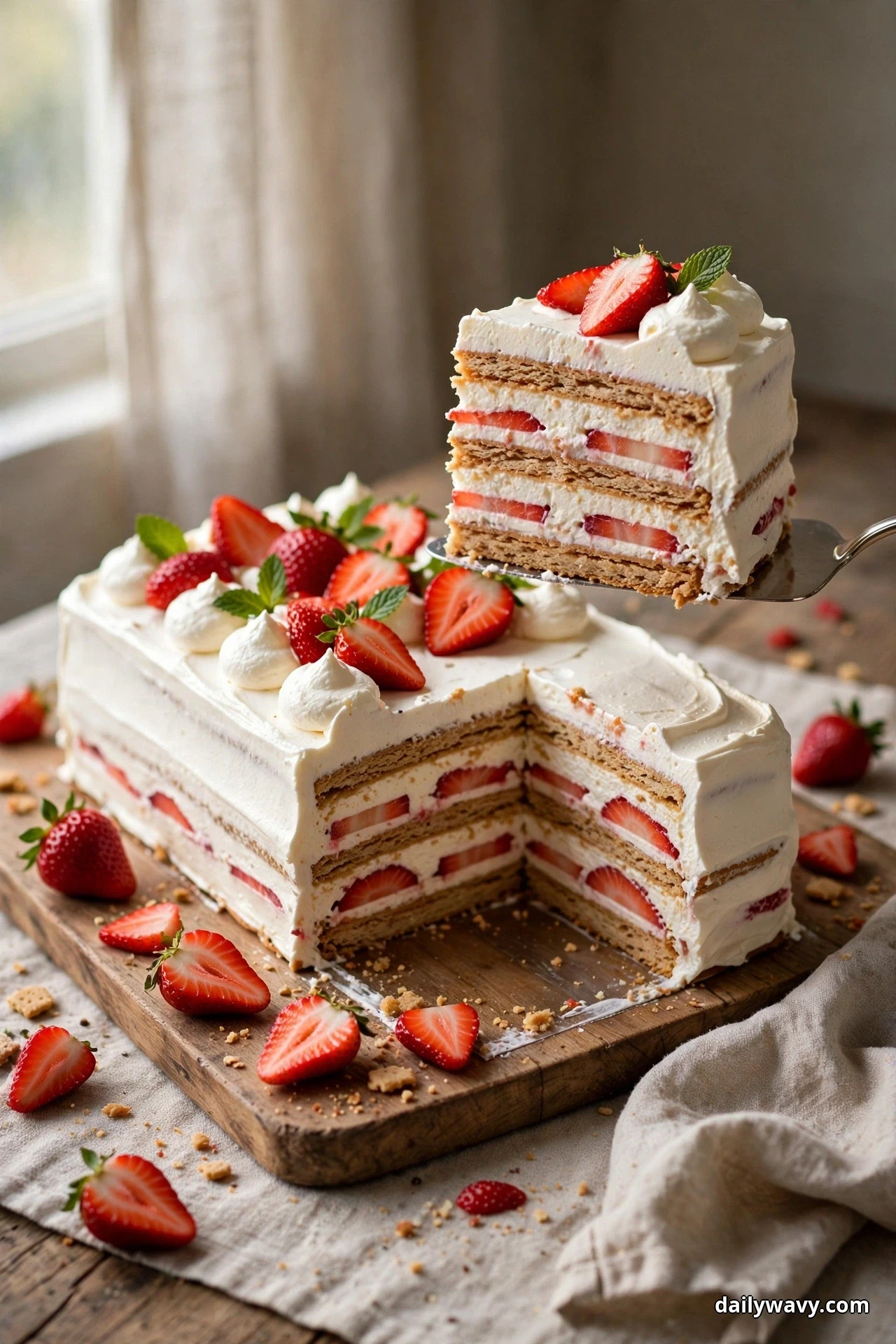 A strawberry icebox cake with visible graham cracker, cream and berry layers has one slice lifted out on a server