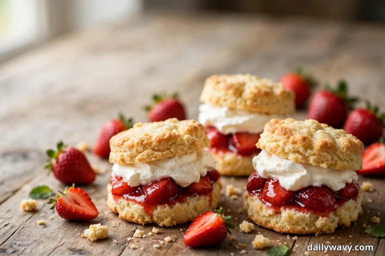 Four strawberry biscuit sandwiches filled with whipped cream and sliced strawberries sit on a rustic wooden table with whole strawberries scattered around them