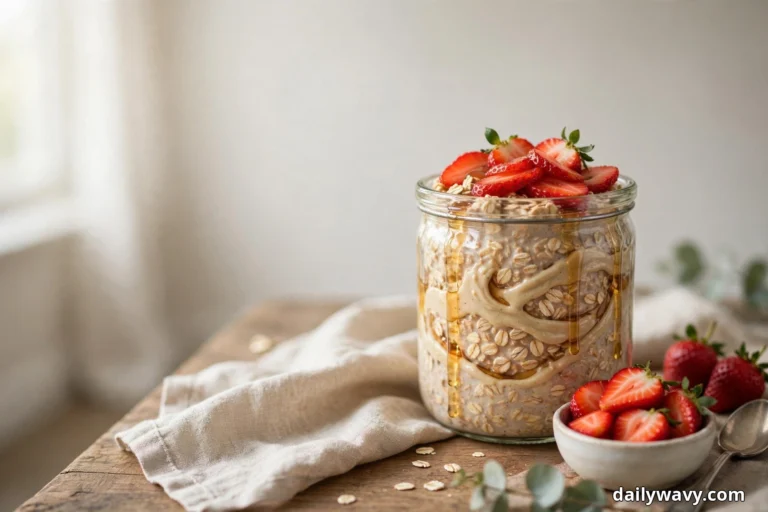 A glass jar of strawberry overnight oats with tahini swirled through the oats and maple syrup dripping down the glass stands on a wooden table, topped with sliced strawberries and set beside a small bowl of halved strawberries