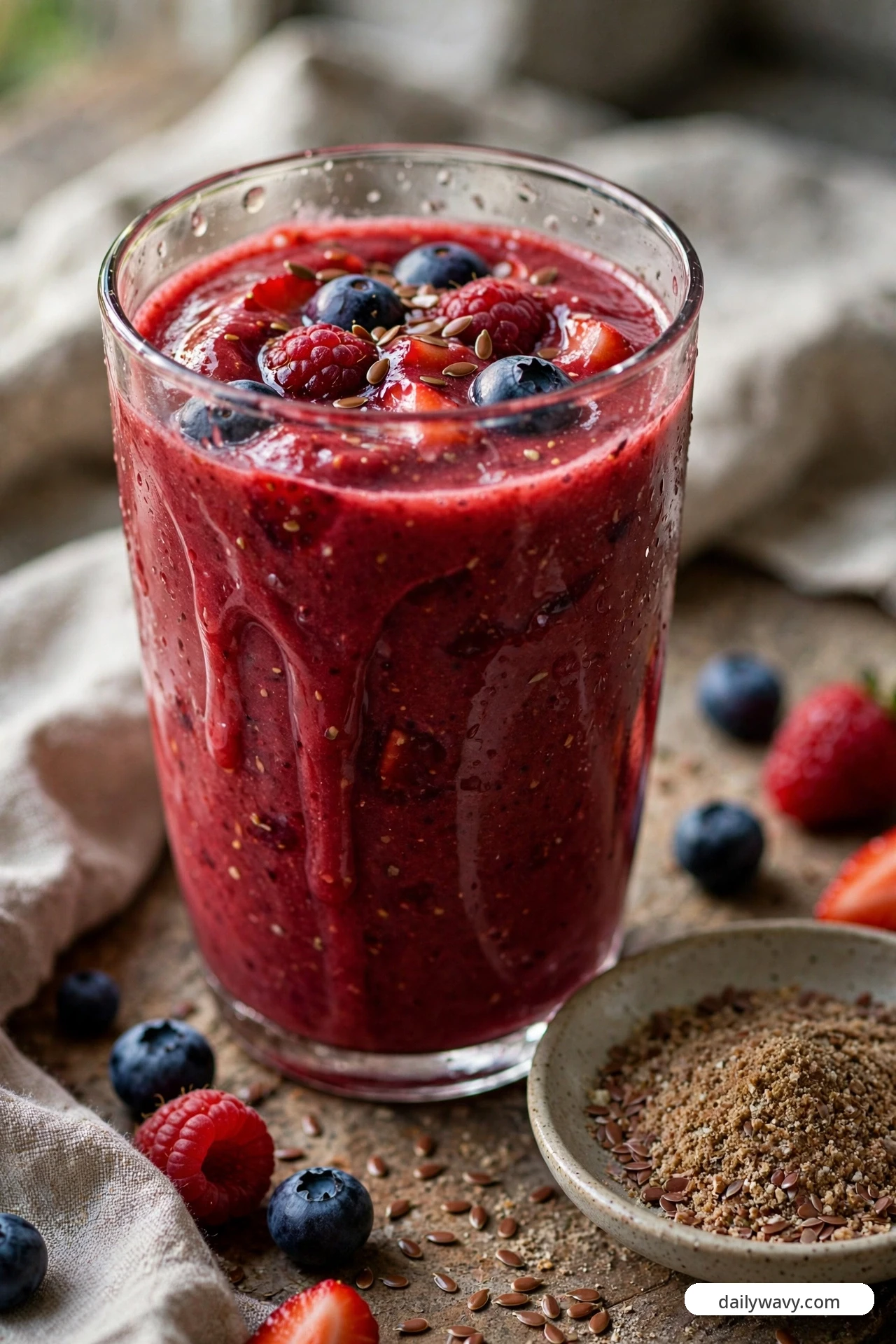 A deep red-purple triple berry smoothie topped with blueberries, raspberries and flax seeds, with a small bowl of ground flaxseed and fresh berries beside the glass.