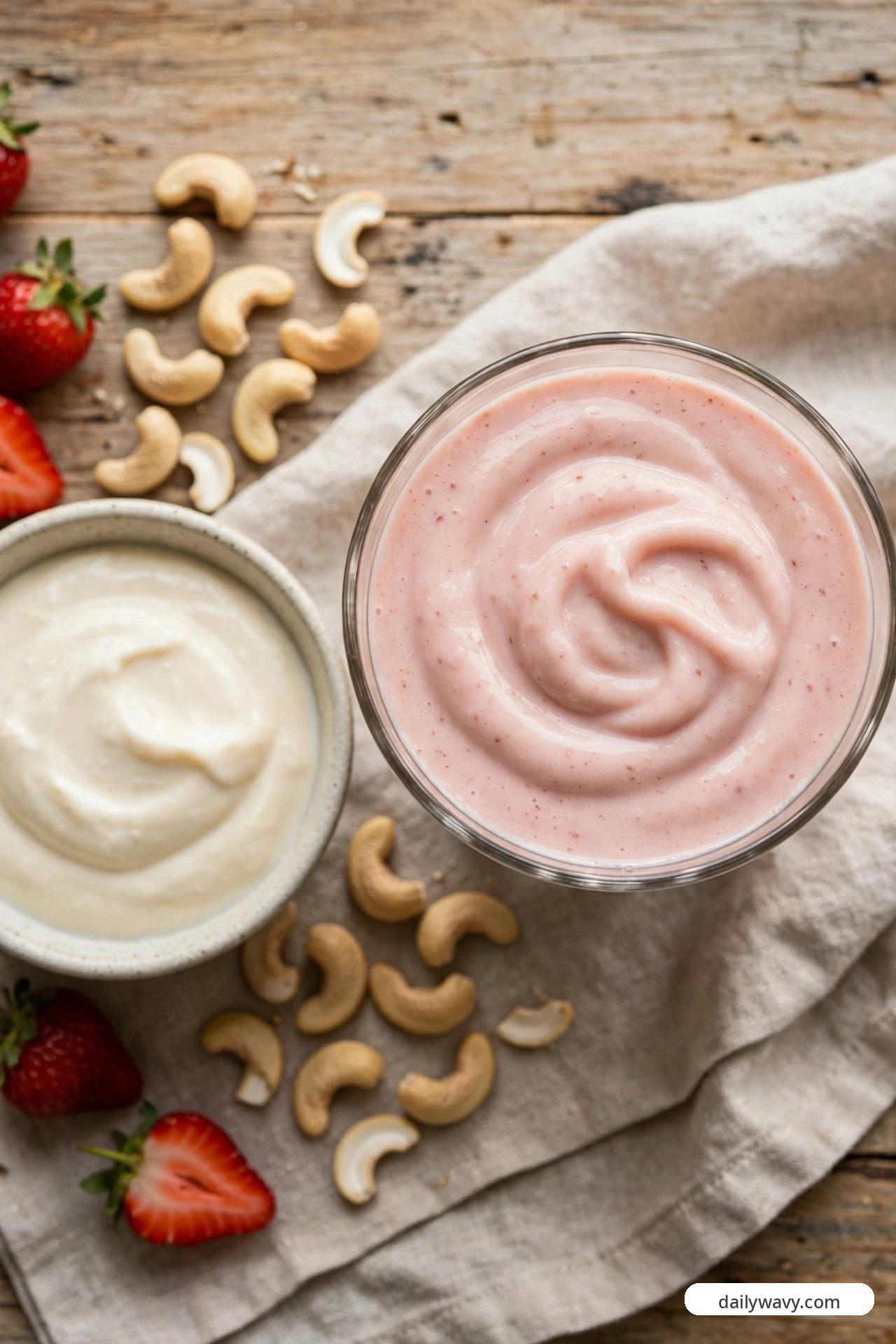 An overhead view of a pink swirled strawberry smoothie beside a bowl of white yogurt, with scattered cashews and strawberries on the table.