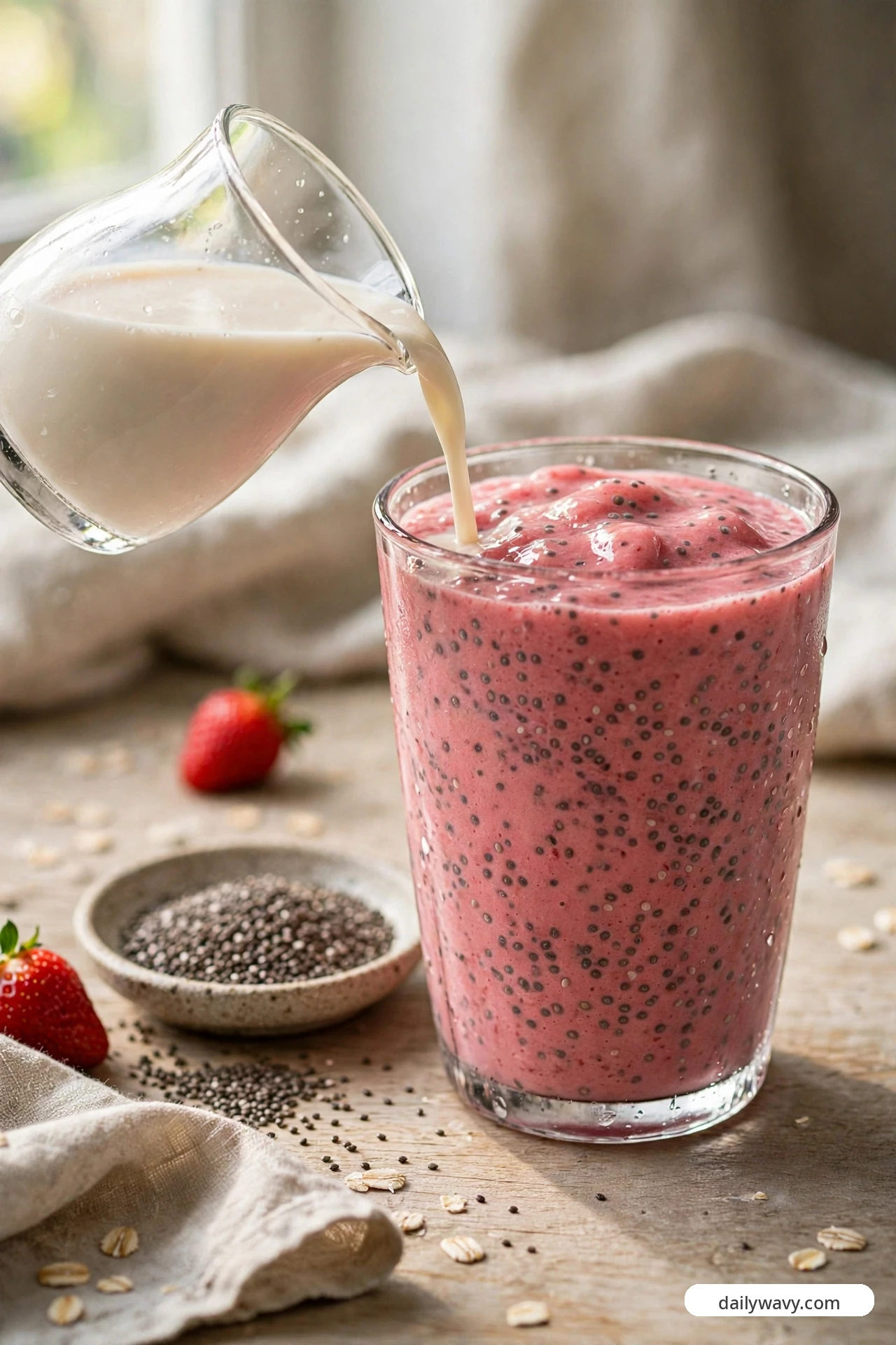 Oat milk is poured from a small pitcher into a glass of pink strawberry smoothie speckled with chia seeds, with a bowl of chia seeds, strawberries and scattered oats on the wooden table.