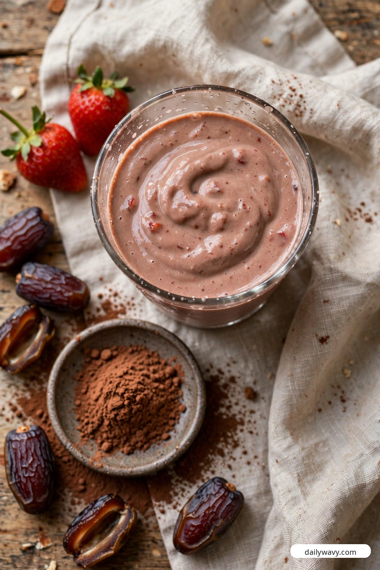 An overhead view of a chocolate-brown strawberry smoothie swirled in a glass, surrounded by fresh strawberries, Medjool dates and a small bowl of cocoa powder on a linen cloth.