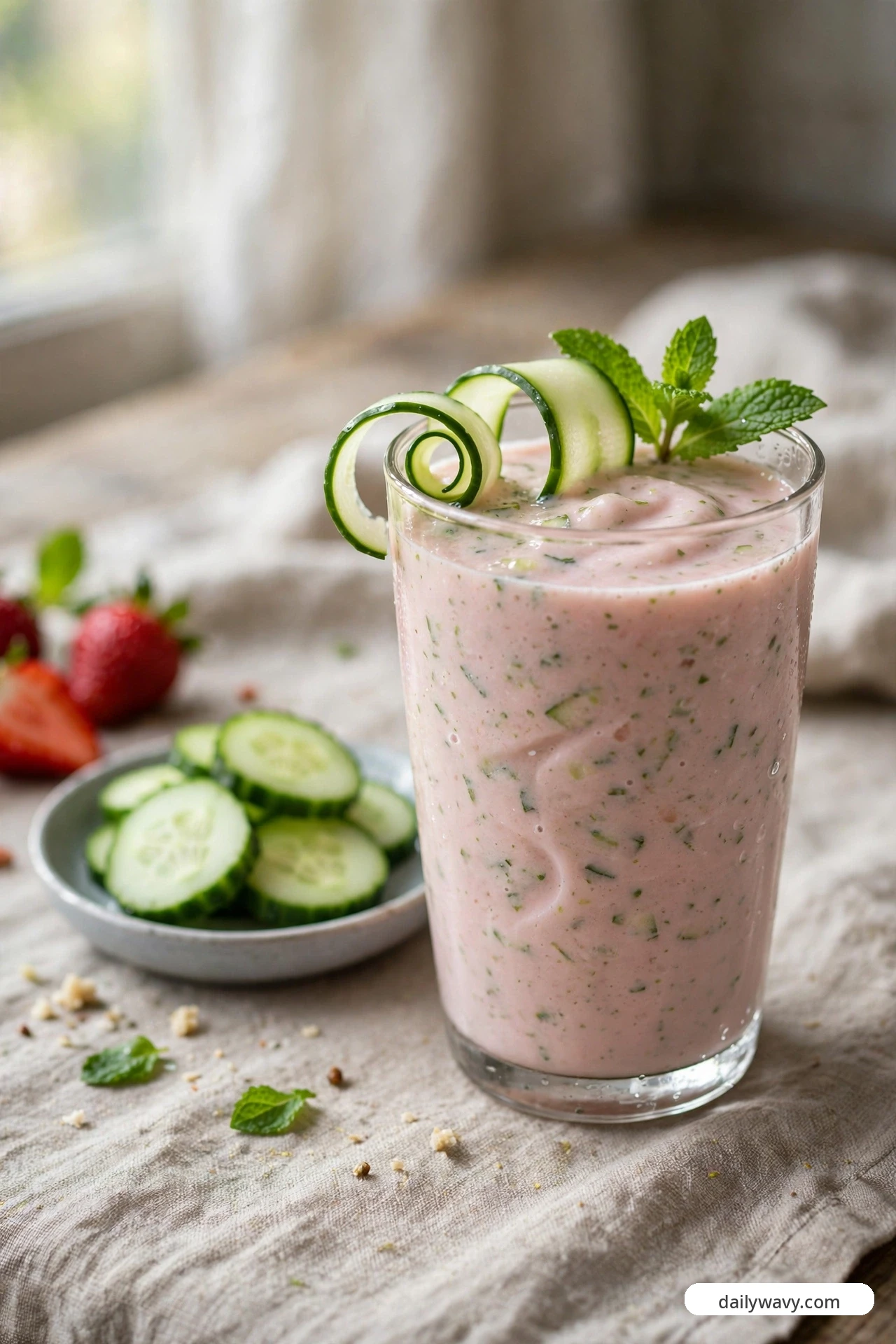 A pink strawberry smoothie in a clear glass is garnished with curled cucumber ribbons and a mint sprig, with a plate of cucumber slices and fresh strawberries on the linen beside it.