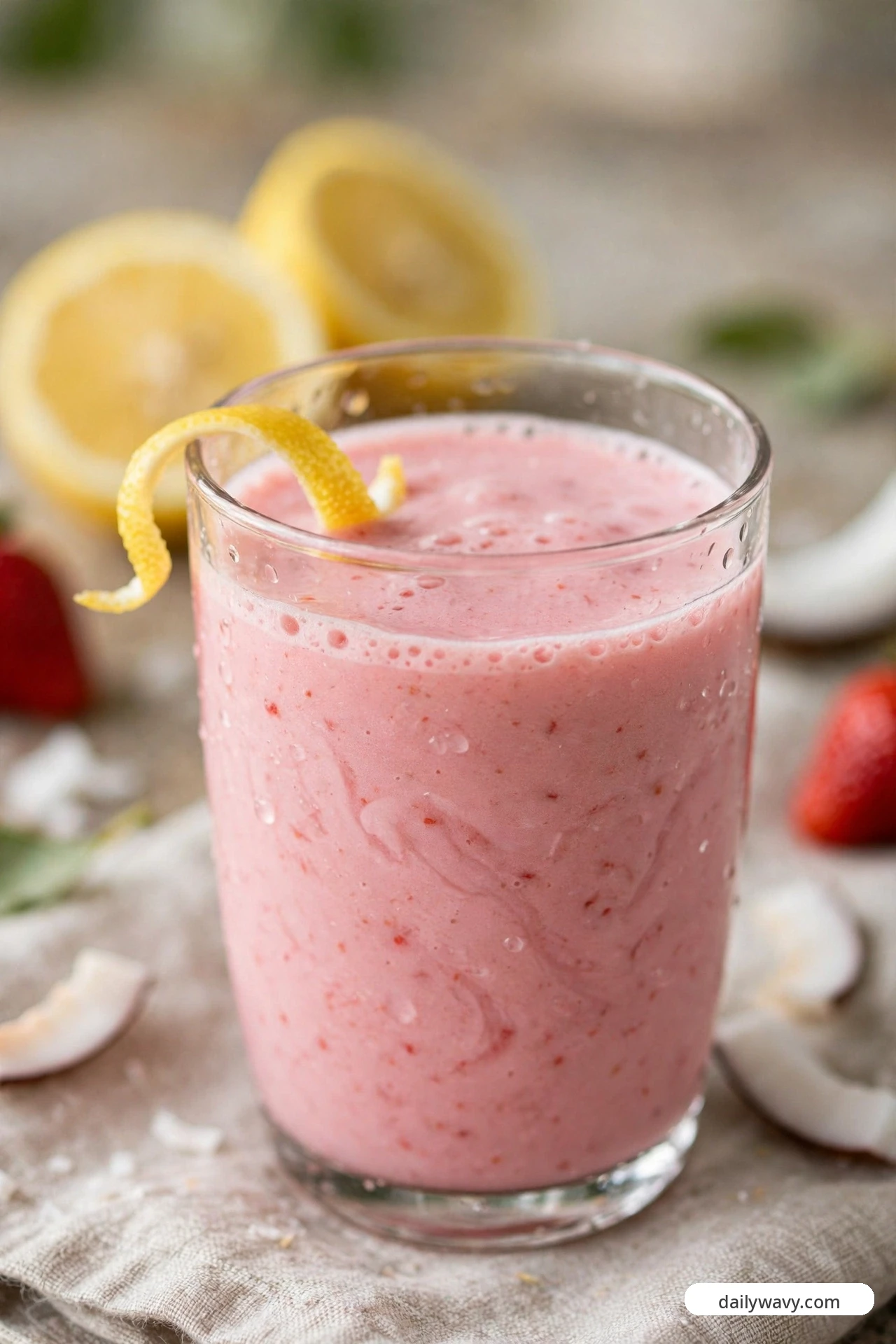 A pink strawberry smoothie in a glass garnished with a lemon twist, with halved lemons and coconut pieces around it.