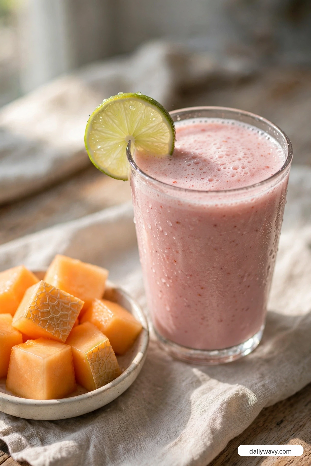 A pale pink strawberry smoothie in a tall glass garnished with a lime wheel, beside a bowl of cubed cantaloupe on a linen cloth.