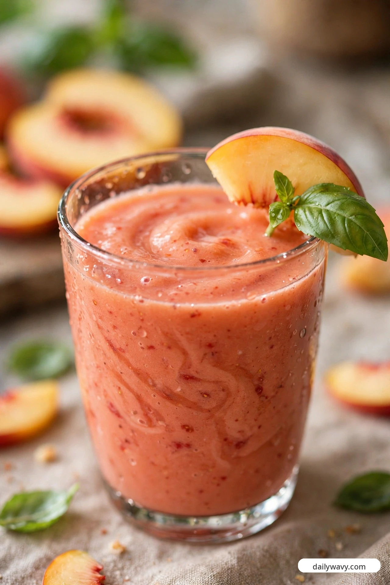 A pink strawberry smoothie in a glass garnished with a peach slice and a fresh basil sprig, with halved peaches nearby on the table.
