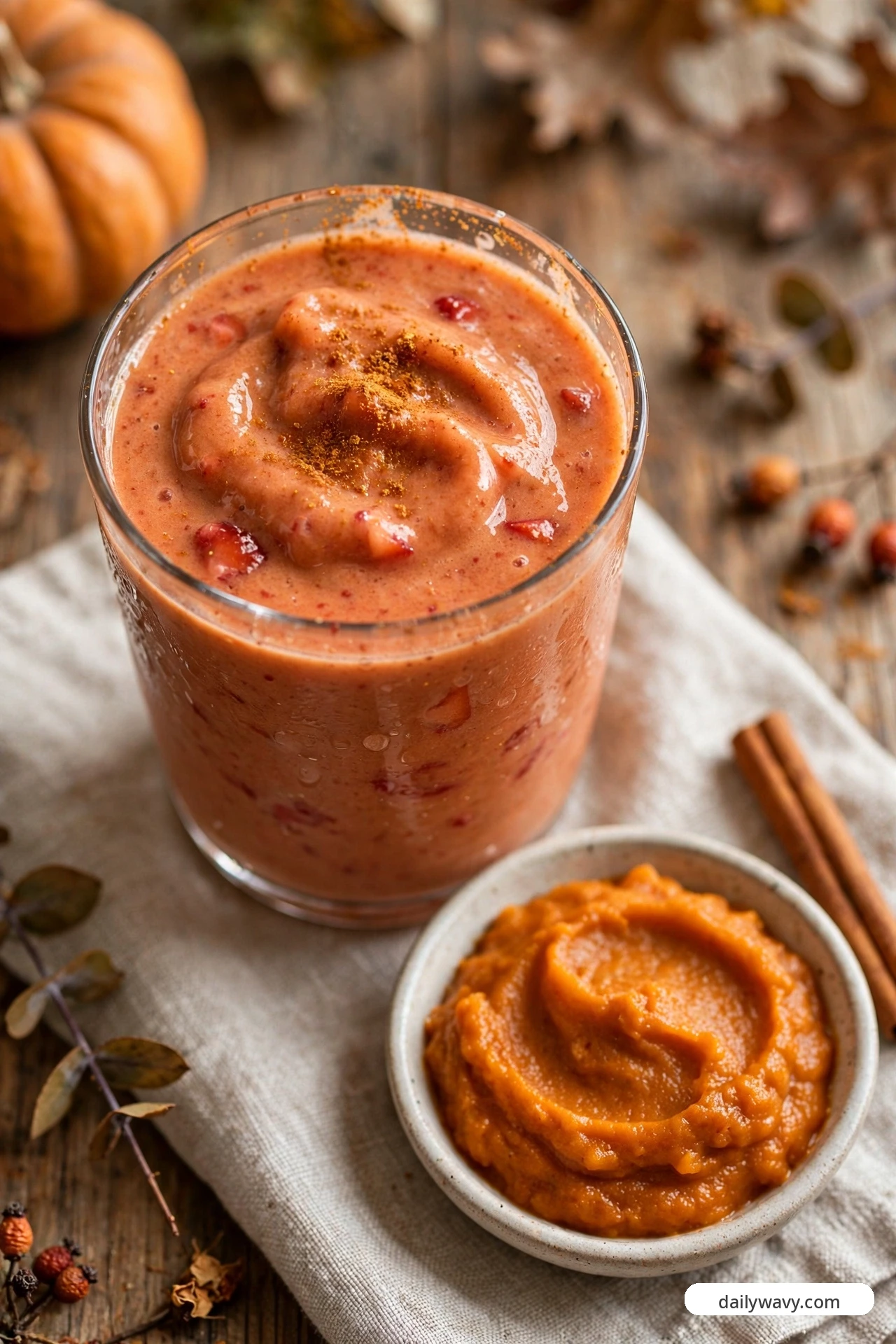 A thick orange-pink pumpkin strawberry smoothie dusted with spice in a glass, beside a small bowl of pumpkin puree and cinnamon sticks on an autumnal wooden table.