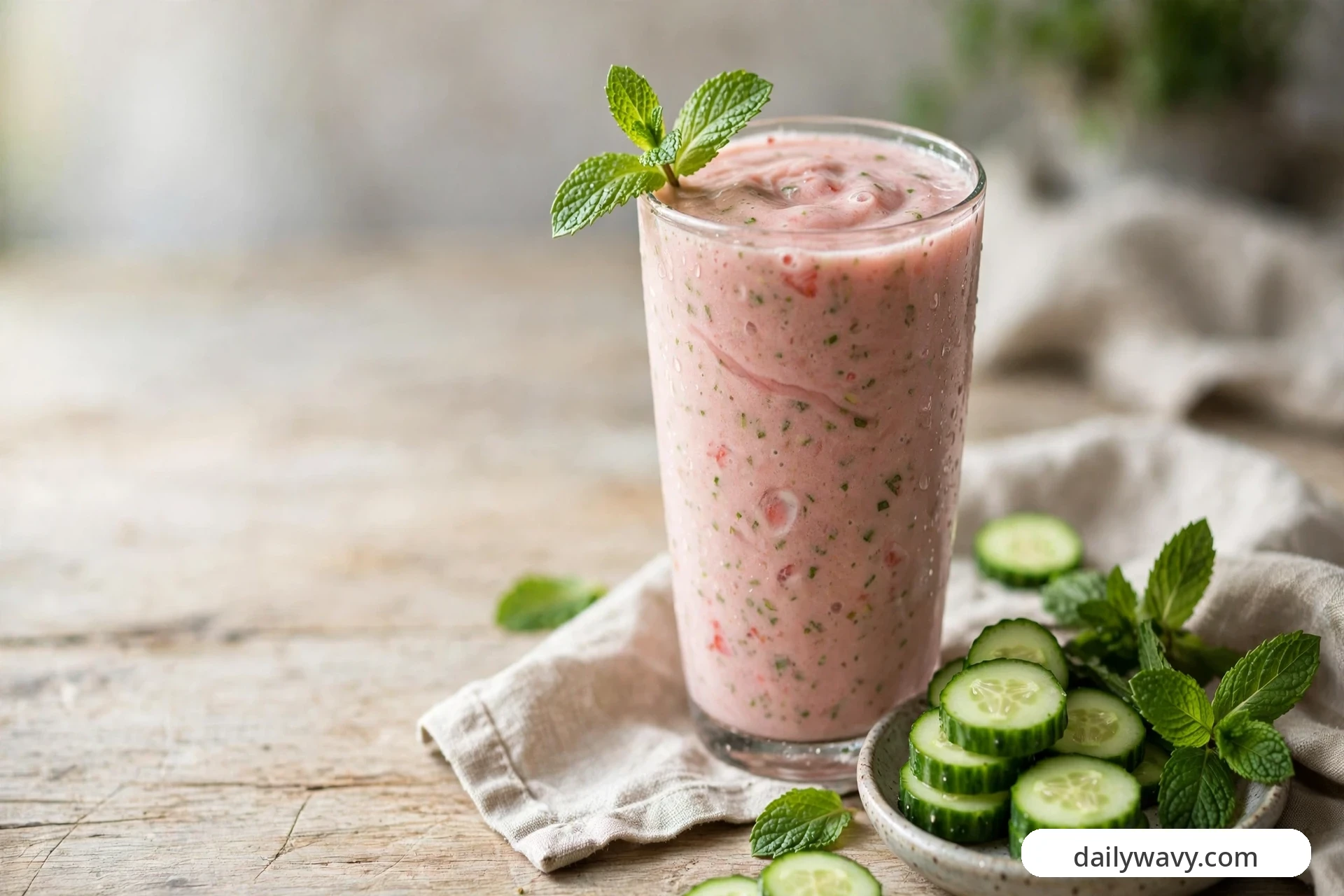 A tall glass of pale pink strawberry smoothie garnished with a mint sprig, with a plate of sliced cucumber and fresh mint beside it on a linen napkin over a wooden table.