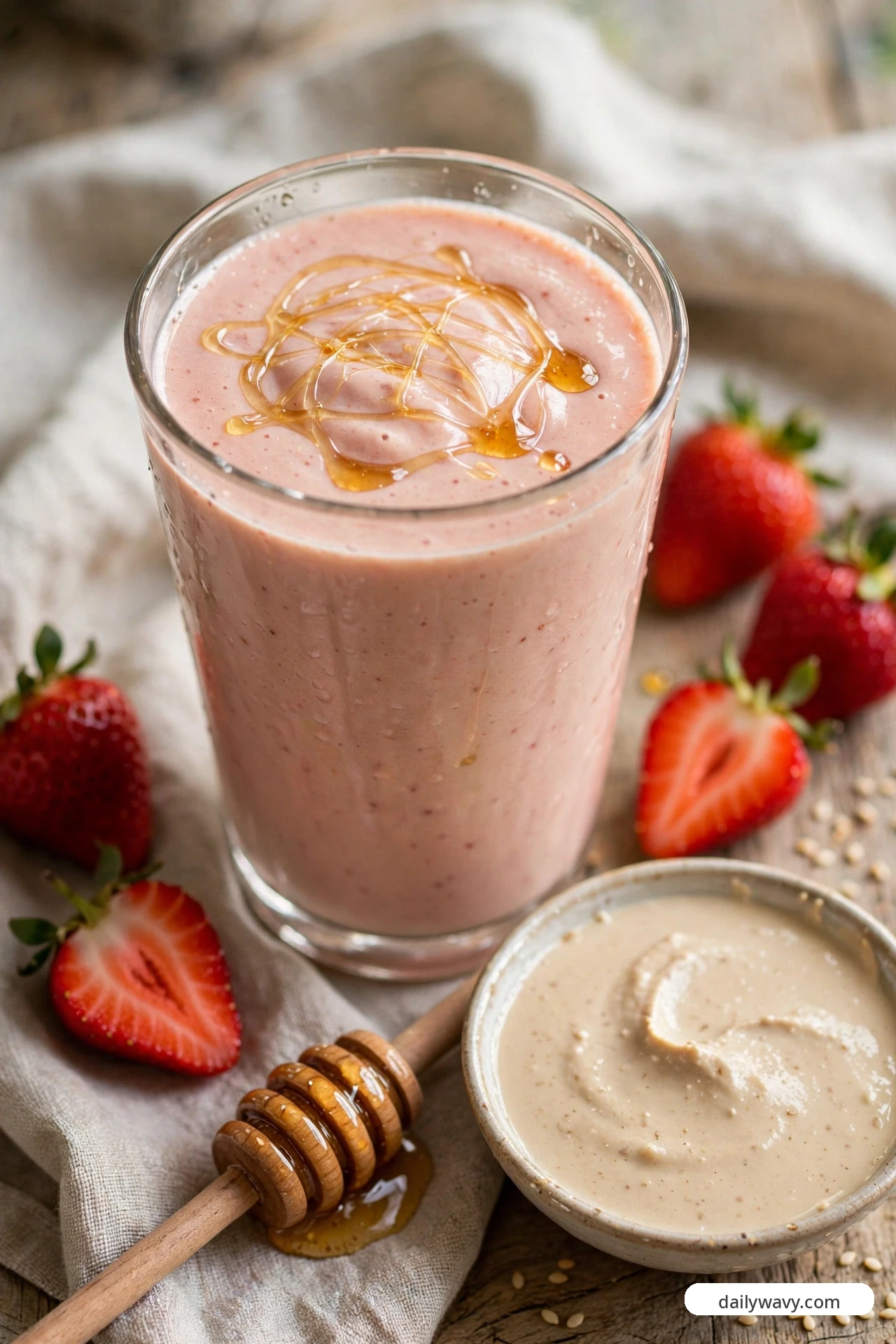 A pink strawberry smoothie swirled with a honey drizzle in a glass, beside a bowl of tahini, a honey dipper and fresh strawberries.