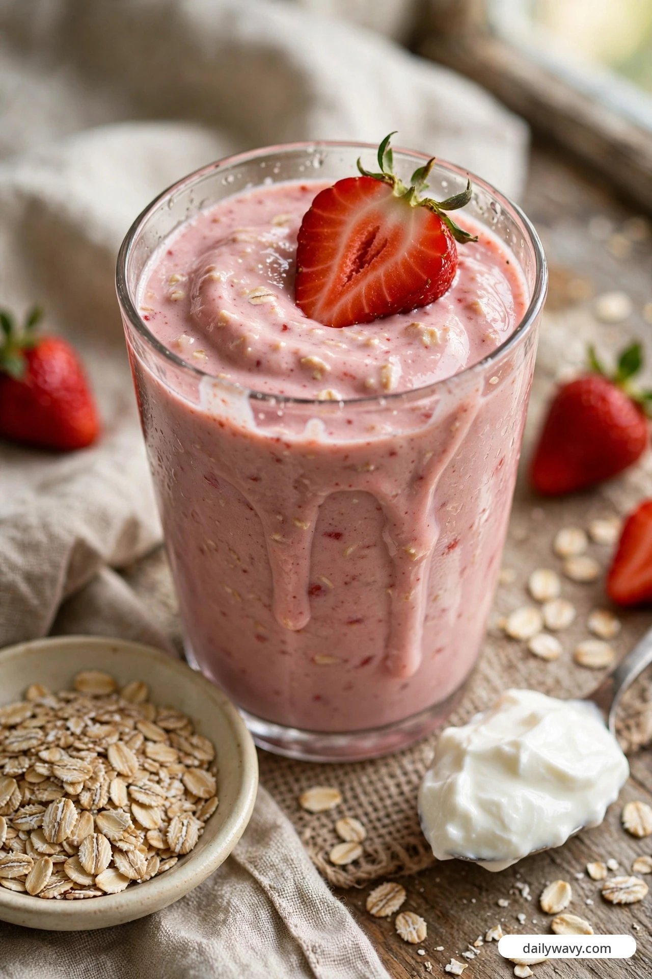 A pink strawberry smoothie with a strawberry slice on top, served beside a small bowl of rolled oats and a spoonful of yogurt on a rustic table.