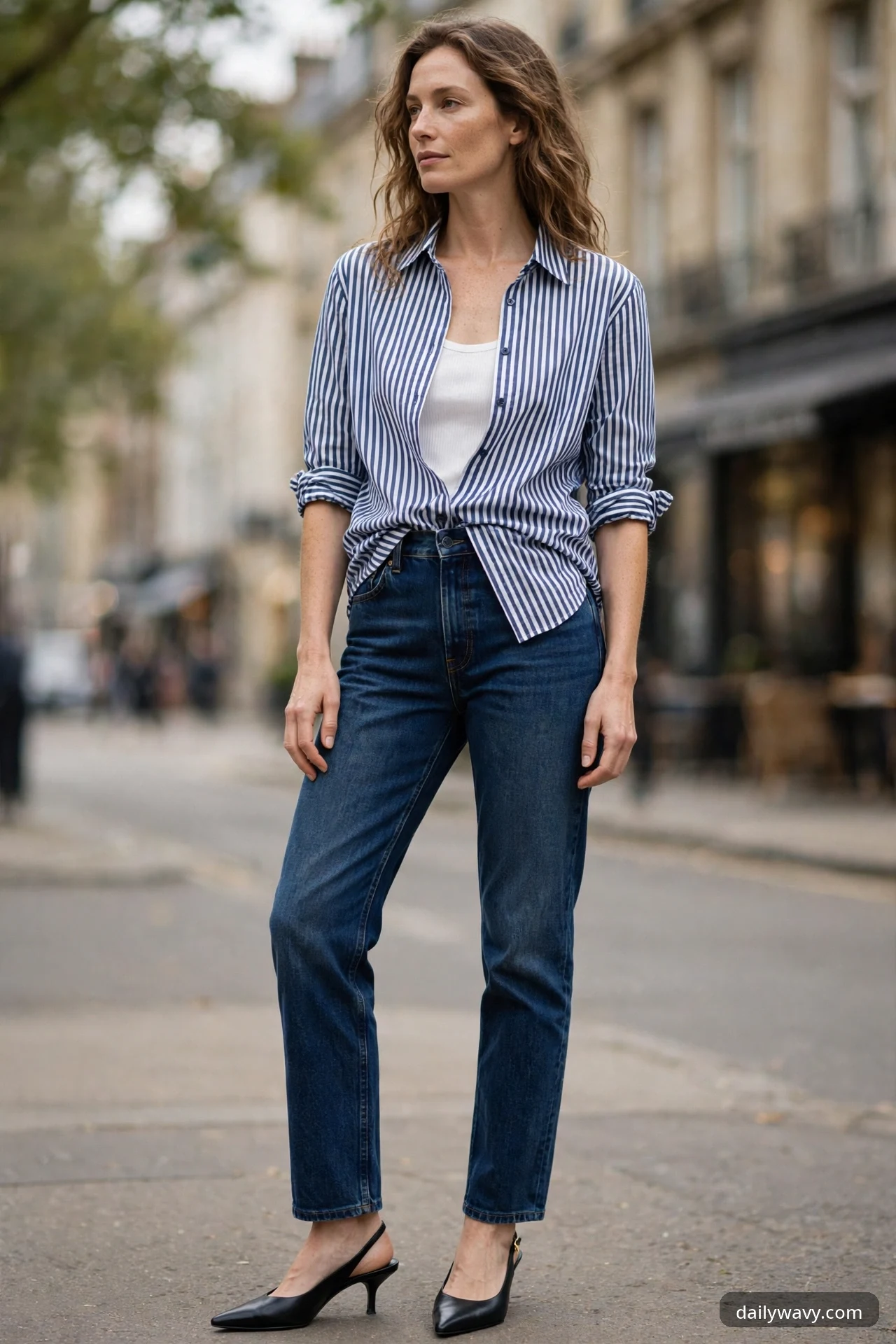 A woman in a blue-and-white striped shirt worn open over a white tank top with dark indigo jeans, wearing black pointed slingback heels on a city street.