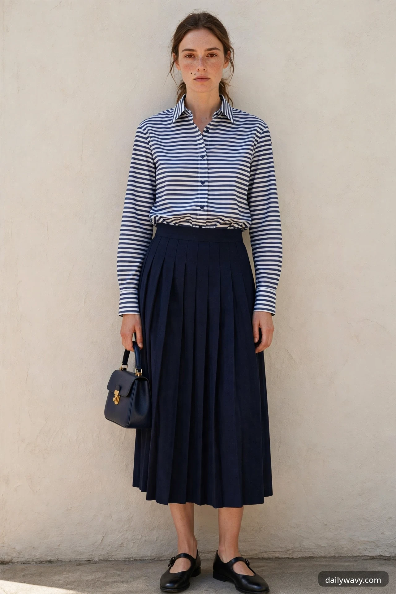 A woman in a blue-and-white striped shirt tucked into a navy pleated midi skirt, wearing black Mary Jane flats and holding a small navy handbag with gold hardware, standing against a beige wall.