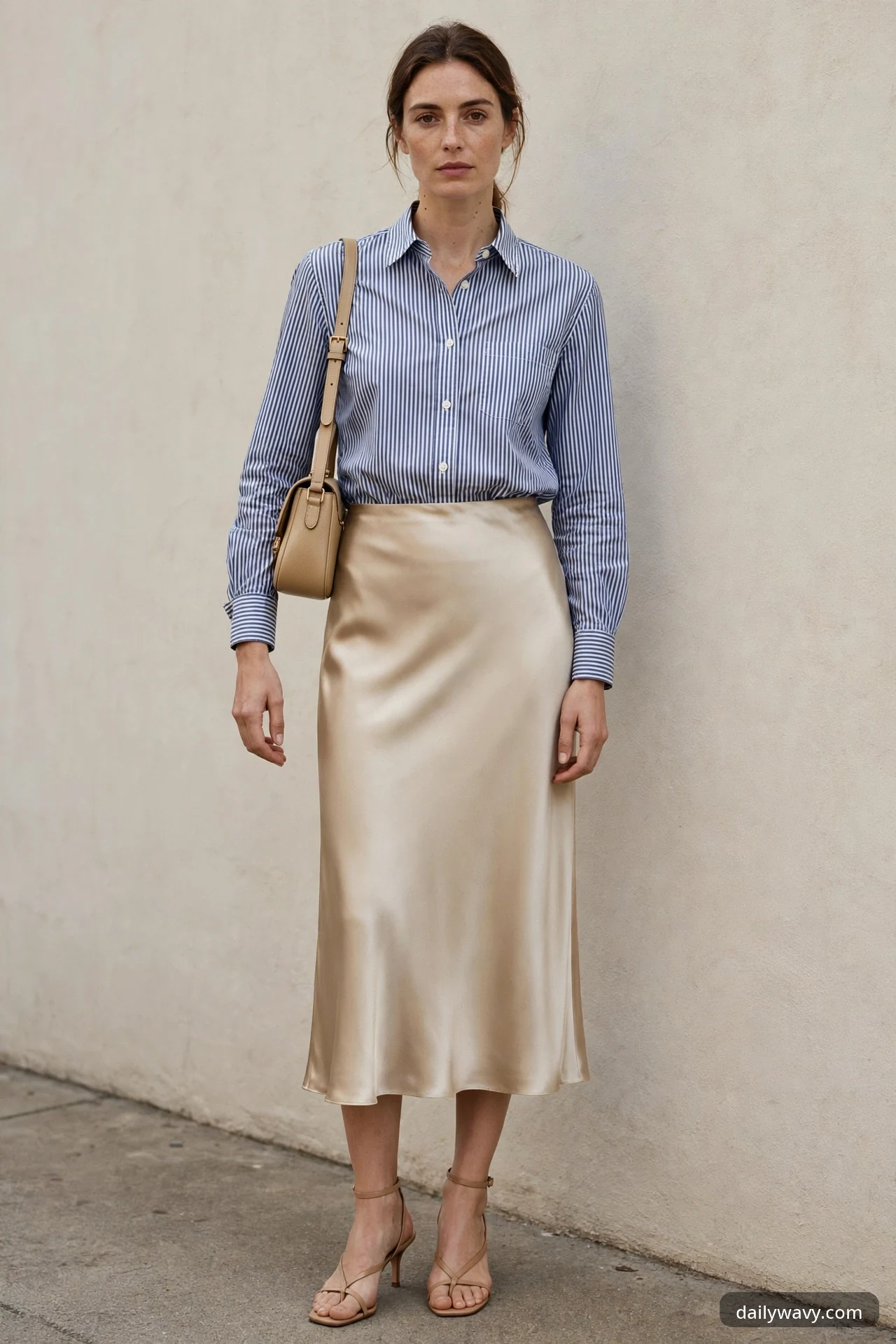 A woman in a blue-and-white striped shirt tucked into a champagne satin midi skirt, wearing nude strappy heeled sandals and carrying a tan shoulder bag, standing against a beige wall.