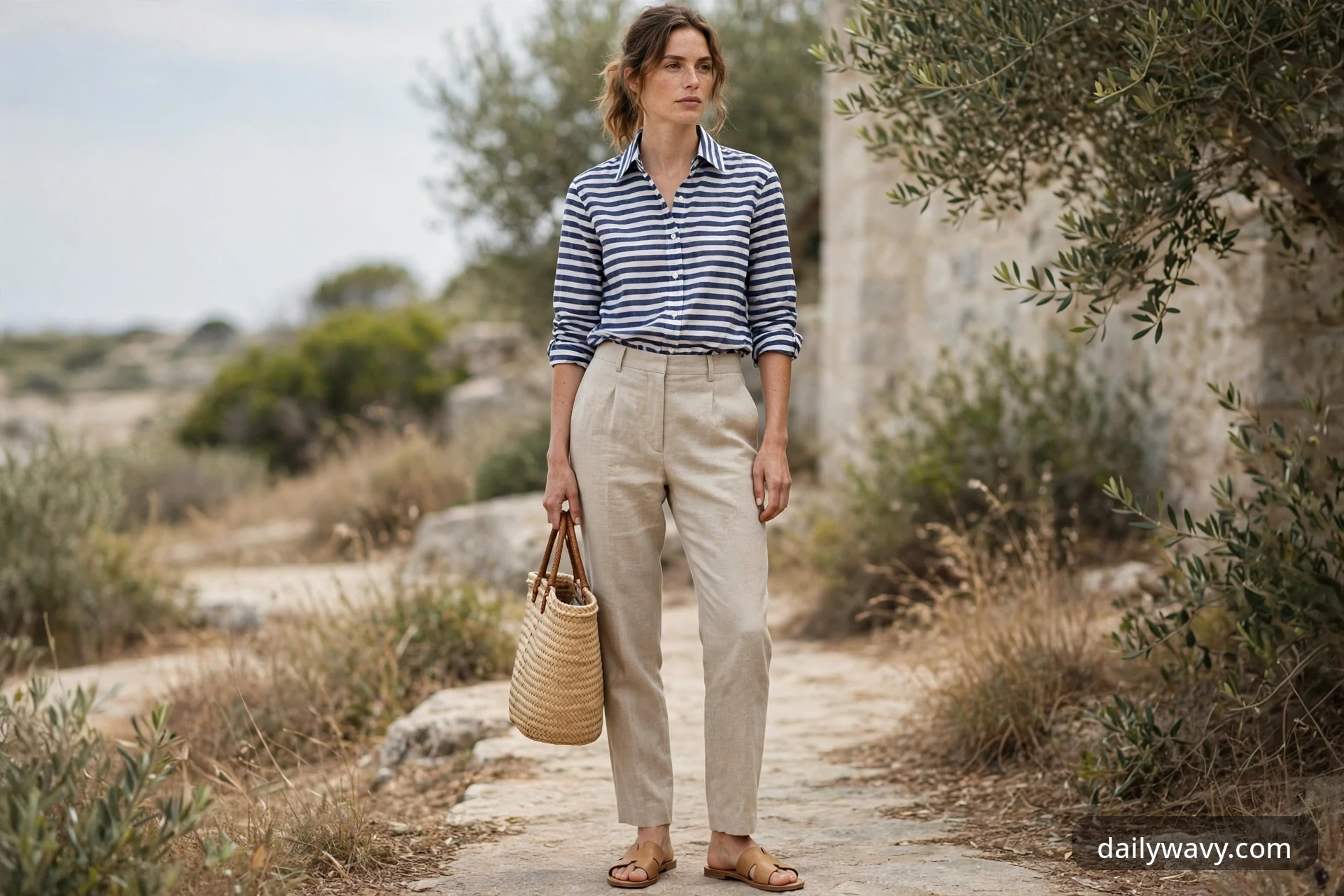 Wide view of a woman in a blue-and-white striped button-down shirt tucked into beige linen trousers, wearing brown flat sandals and carrying a woven tote with leather handles, standing on a stone path among olive trees.