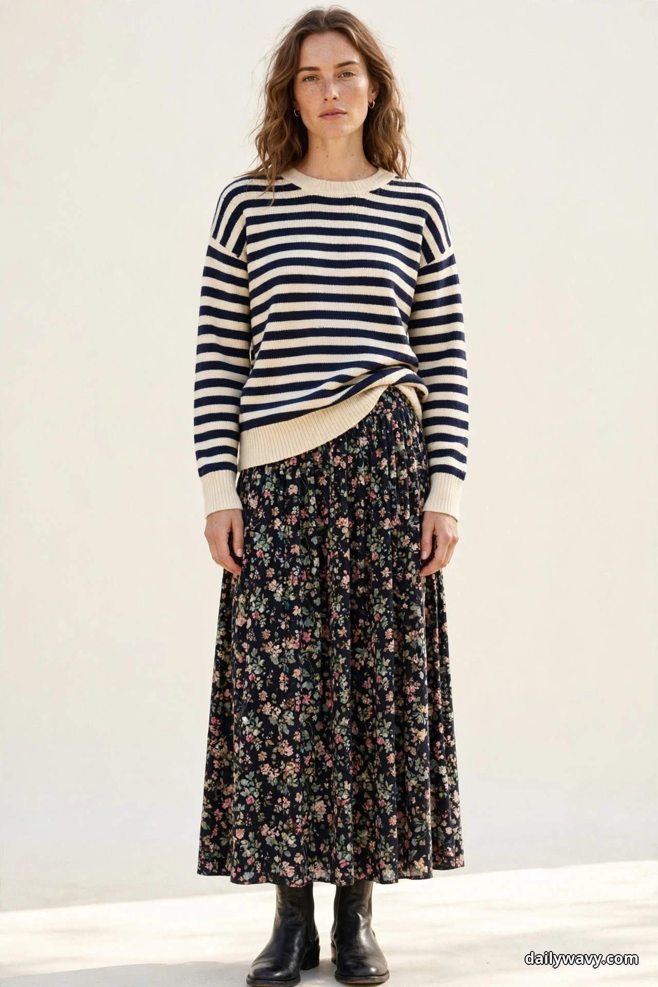 A woman wearing a bold navy and cream striped crewneck half-tucked into a dark floral maxi skirt stands against a plain light wall with black ankle boots, shown full length