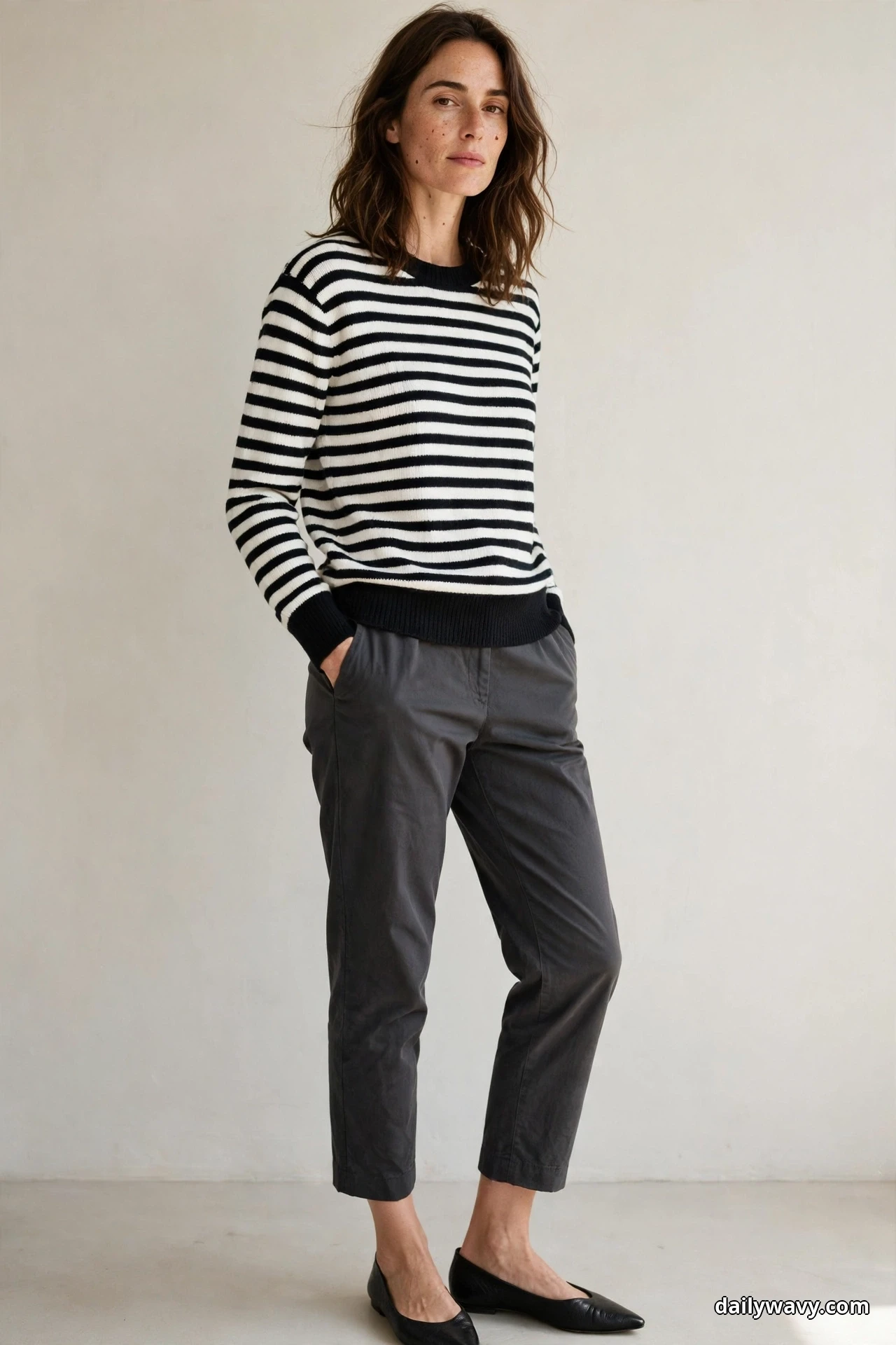 A woman wearing a black and white striped crewneck with cropped charcoal trousers and black pointed flats stands against a plain light wall, shown full length