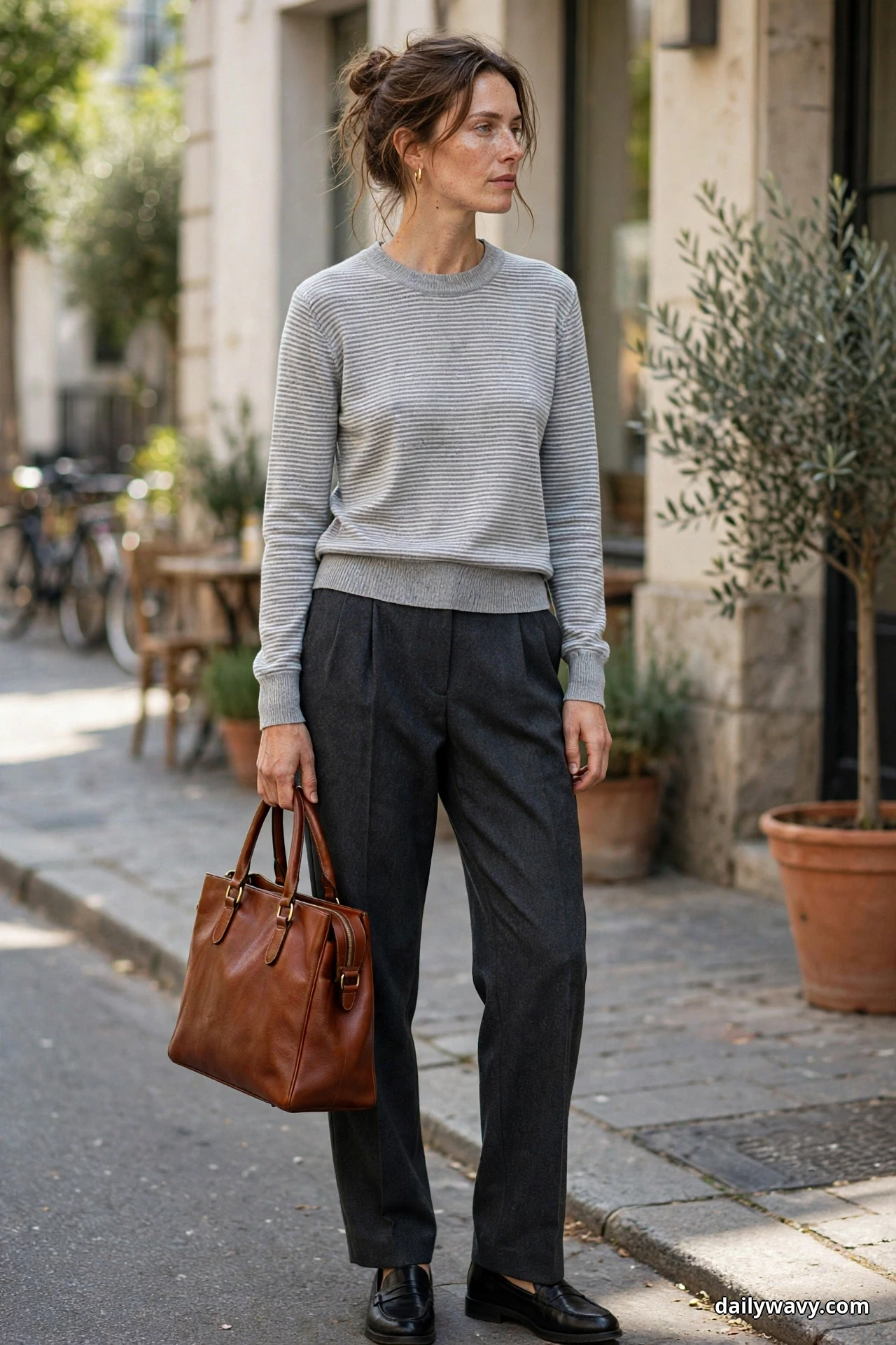 A woman wearing a fine gray and white striped crewneck with charcoal trousers and black loafers stands on a cafe-lined street carrying a cognac structured tote, shown full length