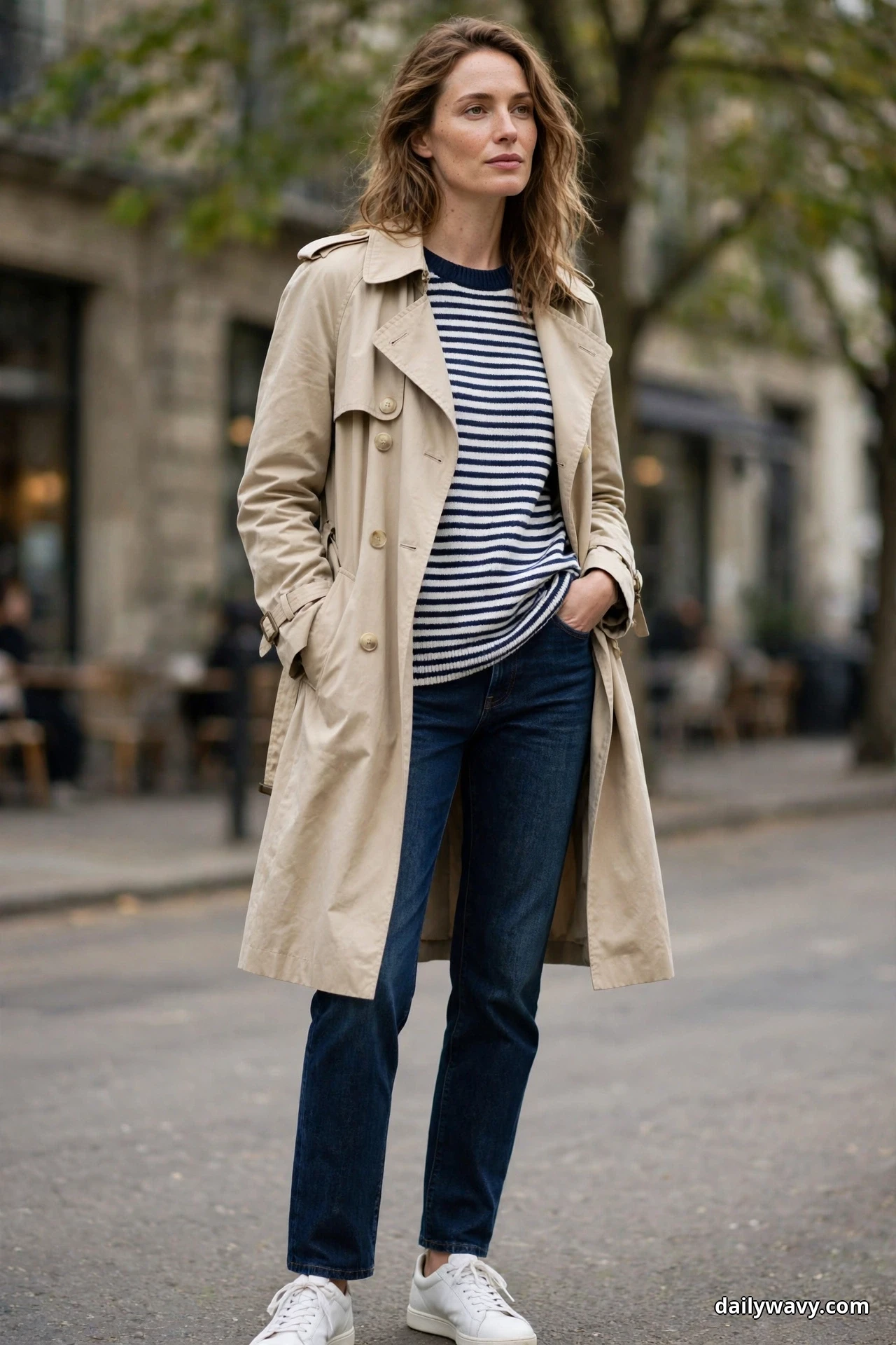A woman wearing a navy and white Breton striped sweater with dark indigo straight-leg jeans under an open beige trench coat stands on a city street with white sneakers, shown full length