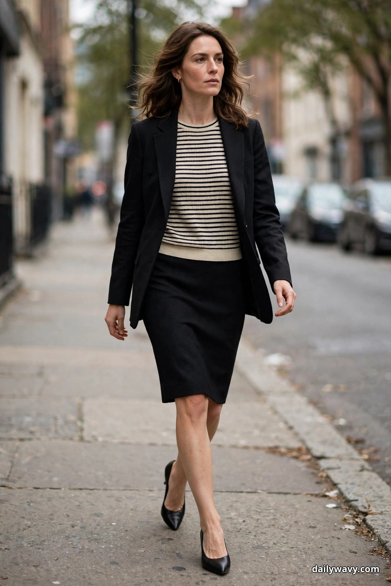 A woman walks along a city sidewalk wearing a fine black and cream striped sweater under an open black blazer with a black knee-length straight skirt and black pointed pumps, shown full length