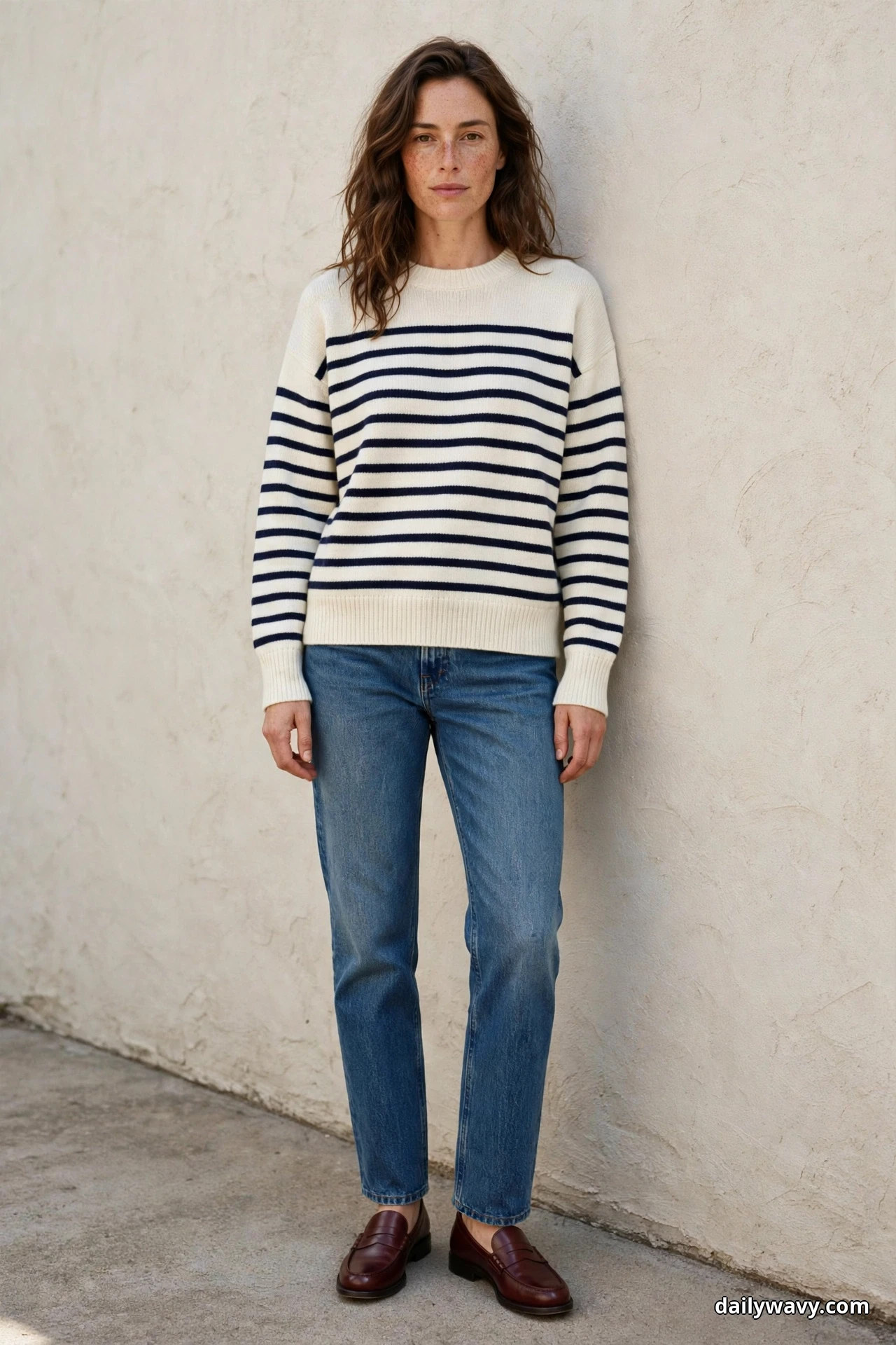 A woman wearing an ivory and navy striped crewneck with medium-wash straight-leg jeans and polished burgundy loafers stands against a light textured wall, shown full length