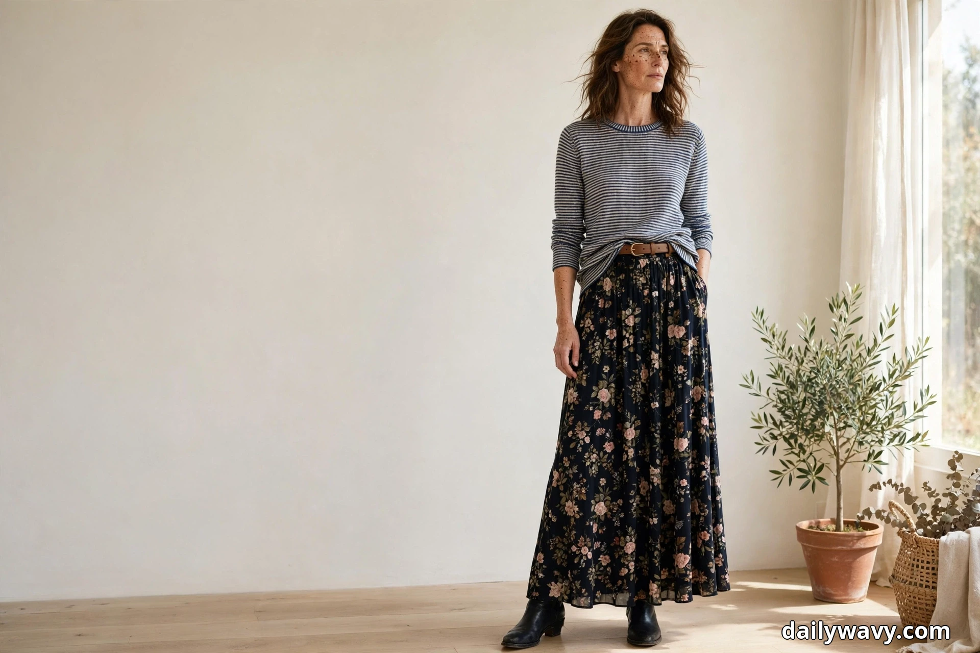 A woman wearing a fine navy and white striped crewneck half-tucked with a tan belt and a dark floral maxi skirt stands beside a bright window with black low boots, shown full length